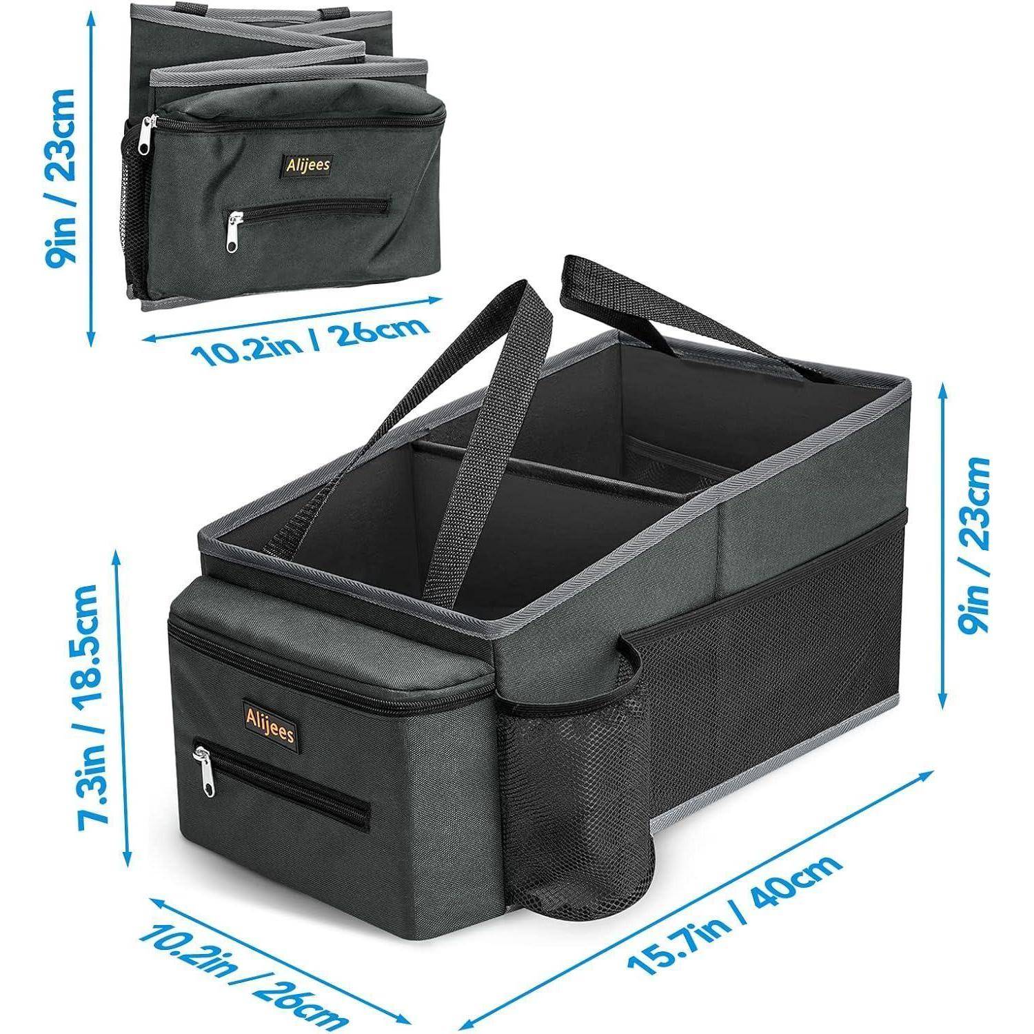 Schwarzer zusammenklappbarer Kofferraum-Organizer für Autos mit Griffen und seitlichen Netztaschen, gezeigt mit den Abmessungen 40 x 26 x 23 cm und zusammengefaltete Größe 26 x 23 cm.