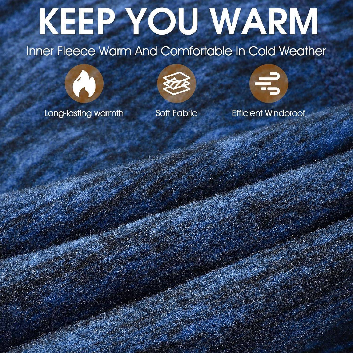 Werbebild aus blauem Fleecestoff mit dem Text „HALTE DICH WARM" und Icons, die langanhaltende Wärme, weiches Gewebe und Windschutz hervorheben.