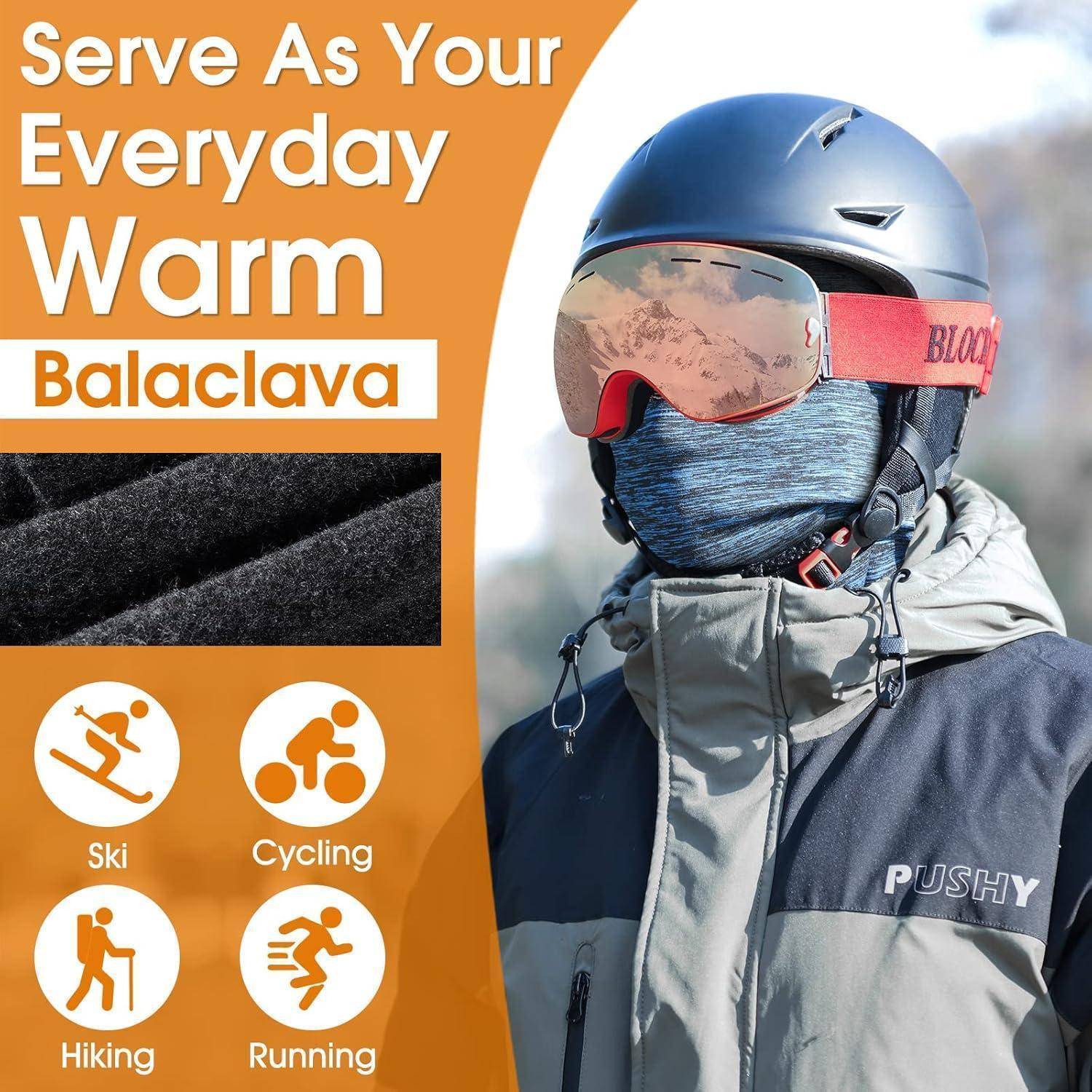 Bewerbungsbild einer Person, die einen Helm, eine Schutzbrille und einen blauen Gesichtsschutz trägt, und für einen „Alltäglichen warmen Gesichtsschutz" zum Skifahren, Radfahren, Wandern und Laufen wirbt.