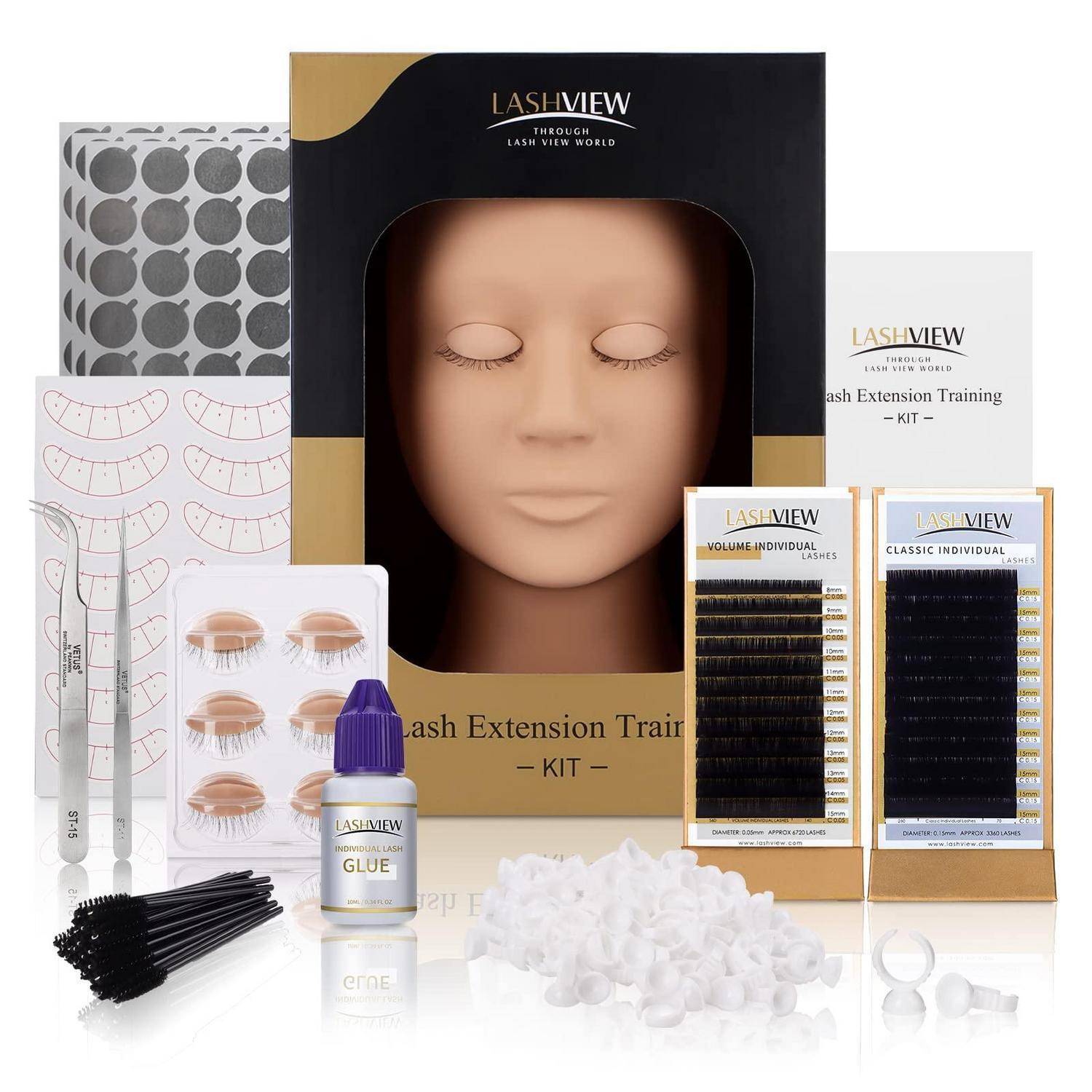 Wimpernverlängerungs-Trainingsset mit Puppengesicht, Wimpernpaletten, Leimflasche, Pinzetten, Übungswimpern, Spoolies, Wattepads und Anleitungsblättern.