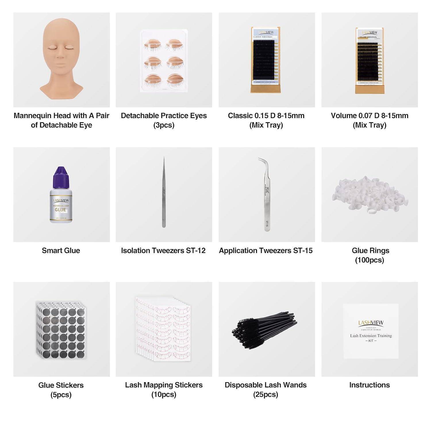 Starter-Kit für Wimpernverlängerungen mit Mannequin-Kopf, Übungsaugen, Wimpernpaletten, Leim, Pinzetten, Leimringe, Aufkleber, Wimpernstäbchen und Anleitung.