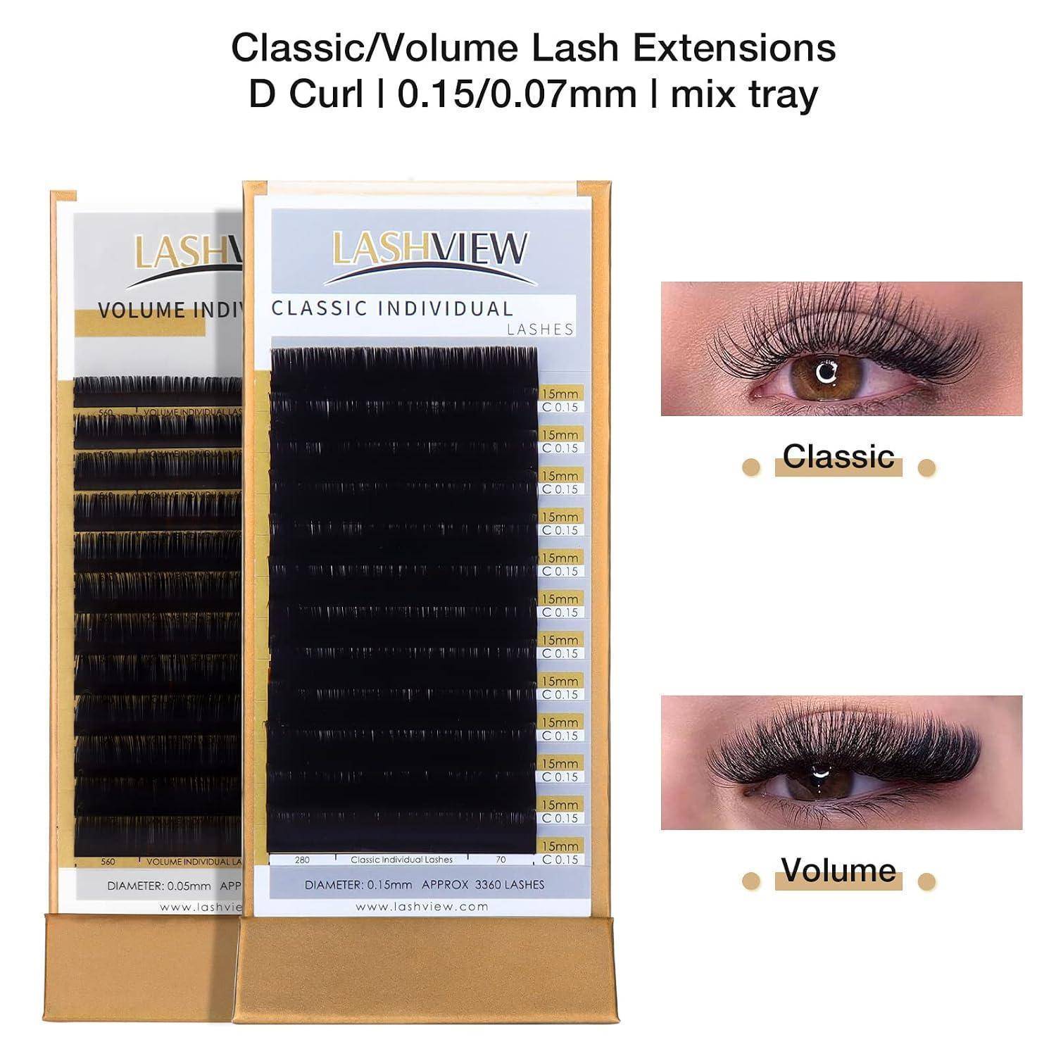 Produktbild von Lashview D Curl Wimpernverlängerungstabletts, das klassische und Volume-Einzelwimpern in einem 0,15/0,07 mm Misch-Tablett zeigt, mit Vorher-Nachher-Augenbeispielen mit den Bezeichnungen „Klassisch