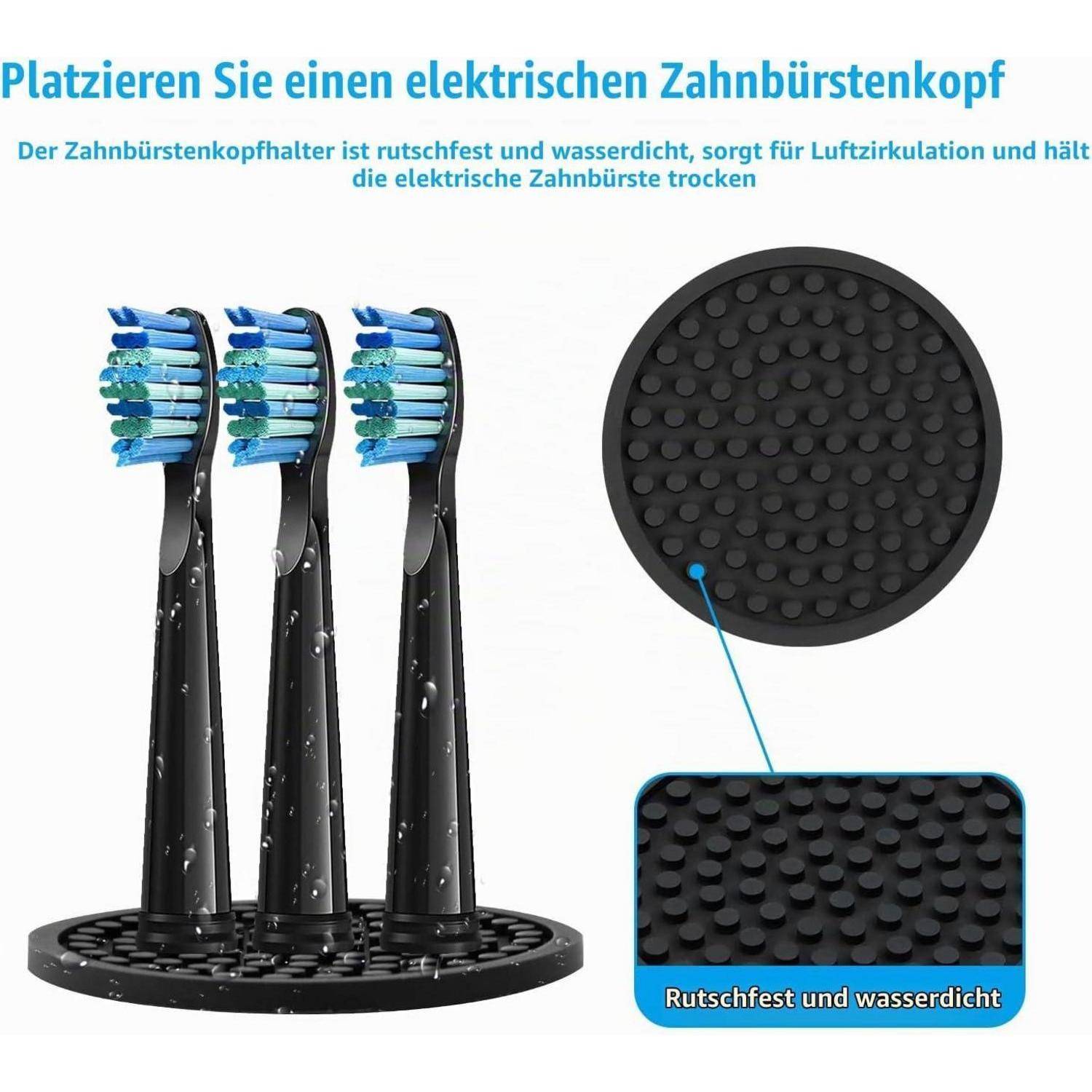 Diagramm einer Elektrische Zahnbürstenhalter mit drei Bürstenköpfen, gekennzeichnet auf Deutsch als rutschfest, wasserdicht und belüftet, um die Bürsten trocken zu halten.
