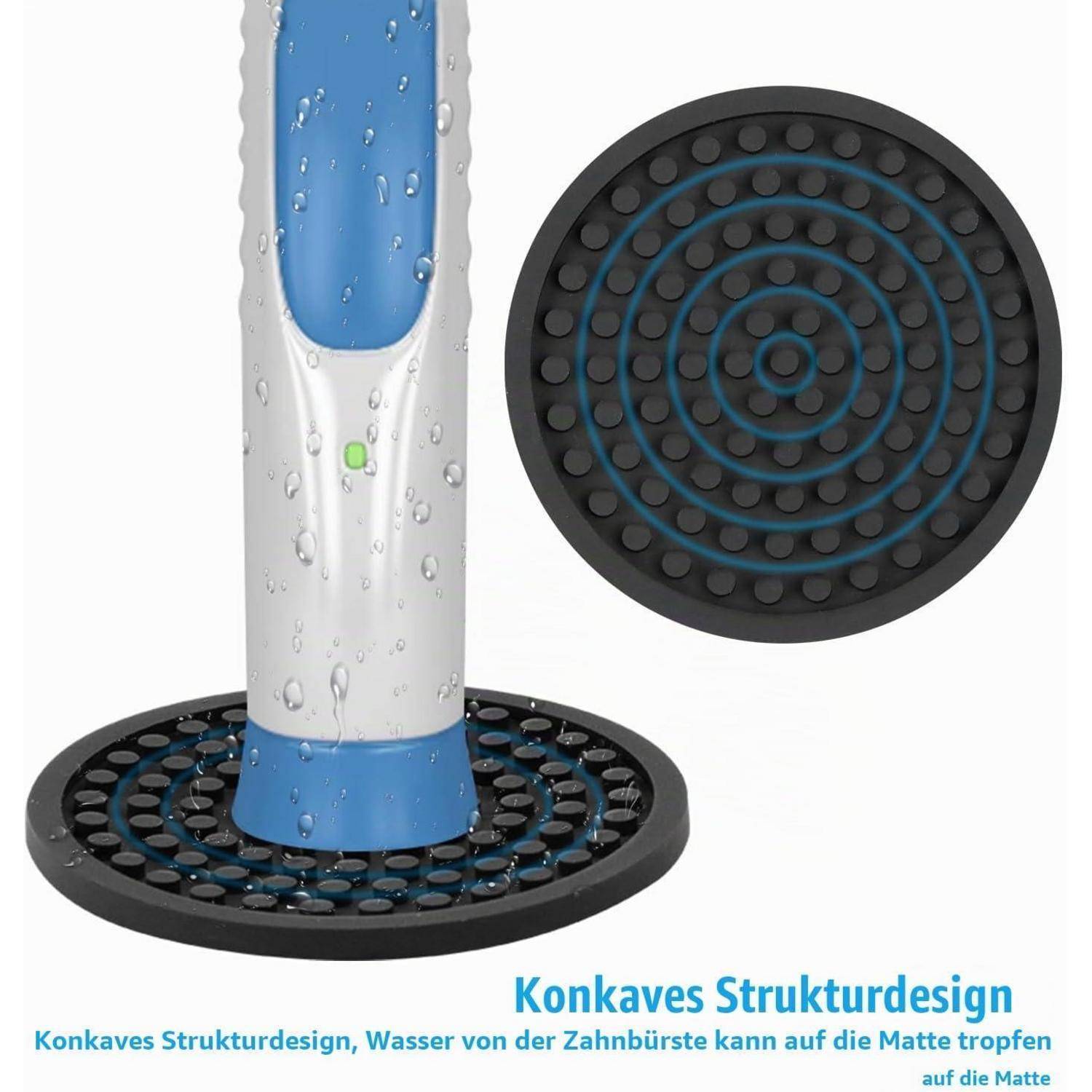 Elektrische Zahnbürste steht auf einer runden schwarzen strukturierten Ladematte mit Wassertropfen; die Einblendung zeigt das konkave kreisförmige Muster der Matte.