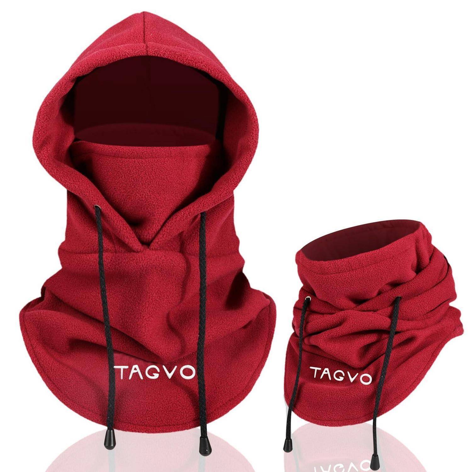 Rote TAGVO Gesichtsmaske mit Kapuze und passender Nackenschutz mit schwarzen Zugbändern, gezeigt in zwei gefalteten Konfigurationen auf weißem Hintergrund.