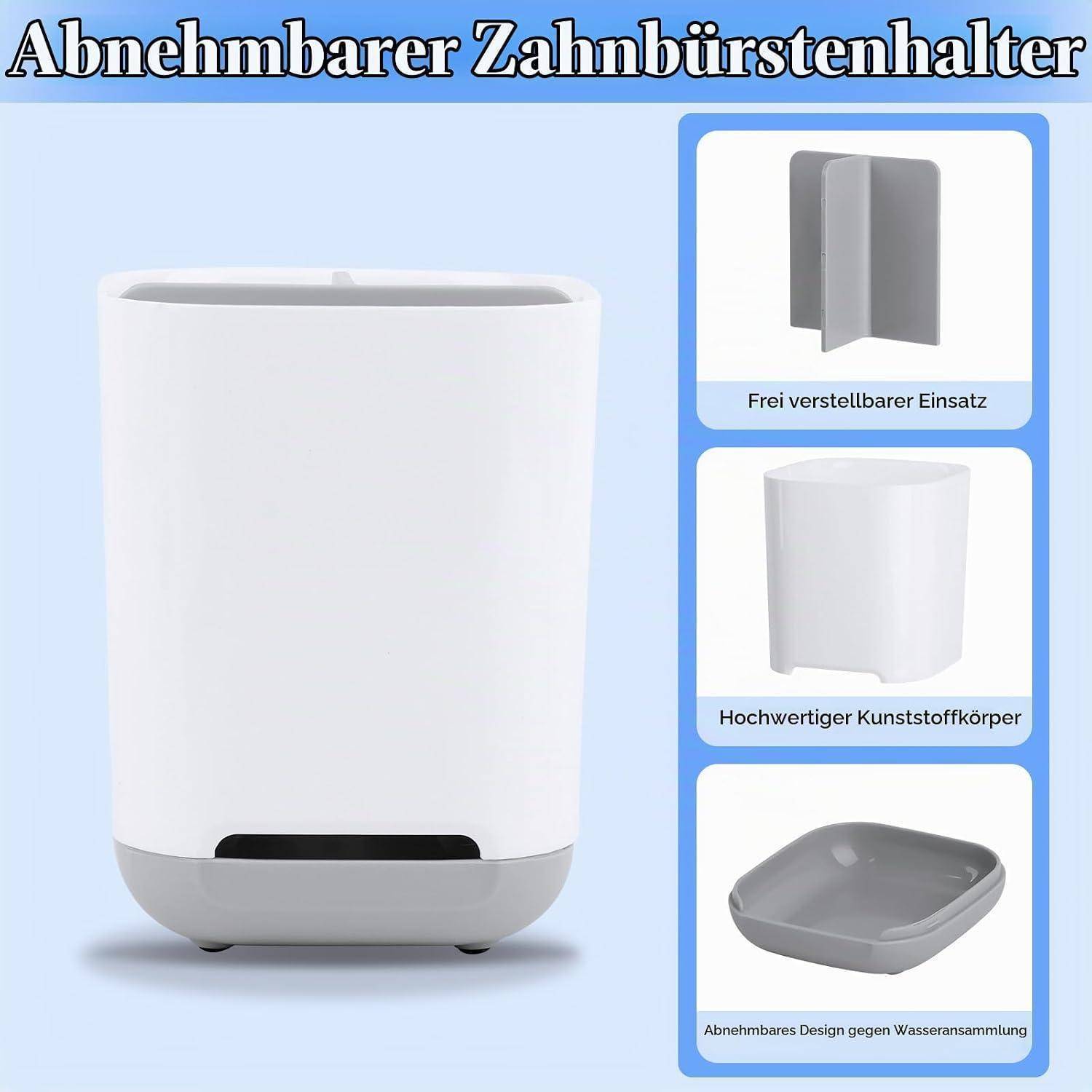 Produktbild eines abnehmbaren Zahnbürstenhalters, das einen weißen Kunststoffbecher mit grauem Sockel und verstellbarer Einsatz zeigt; eingefügte Nahaufnahmen heben abnehmbare Teile und ein Wasserablauf-Design hervor.