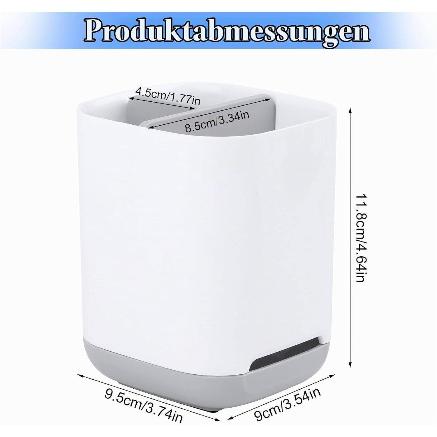 Produktabmessungen eines weißen Arbeitsplattenbehälters: 11,8 cm Höhe, 9,5 cm Breite, 9 cm Tiefe, mit Öffnung oben 8,5 x 4,5 cm.