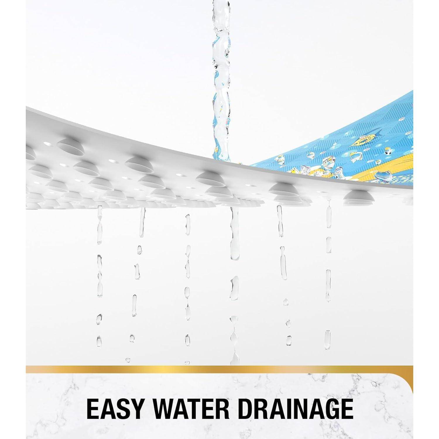 Duschabdeckung mit Wasser, das durch mehrere Löcher fließt; Text lautet „EINFACHE WASSERABLEITUNG