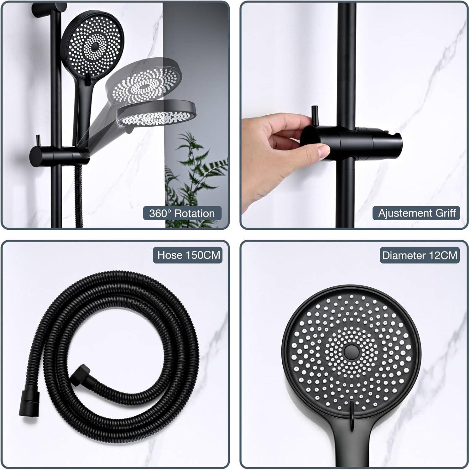 Duschkopf-Set mit 360°-Drehung, verstellbarer Halterungsgriff, 150 cm Schlauch und 12 cm rundem Sprühkopf.