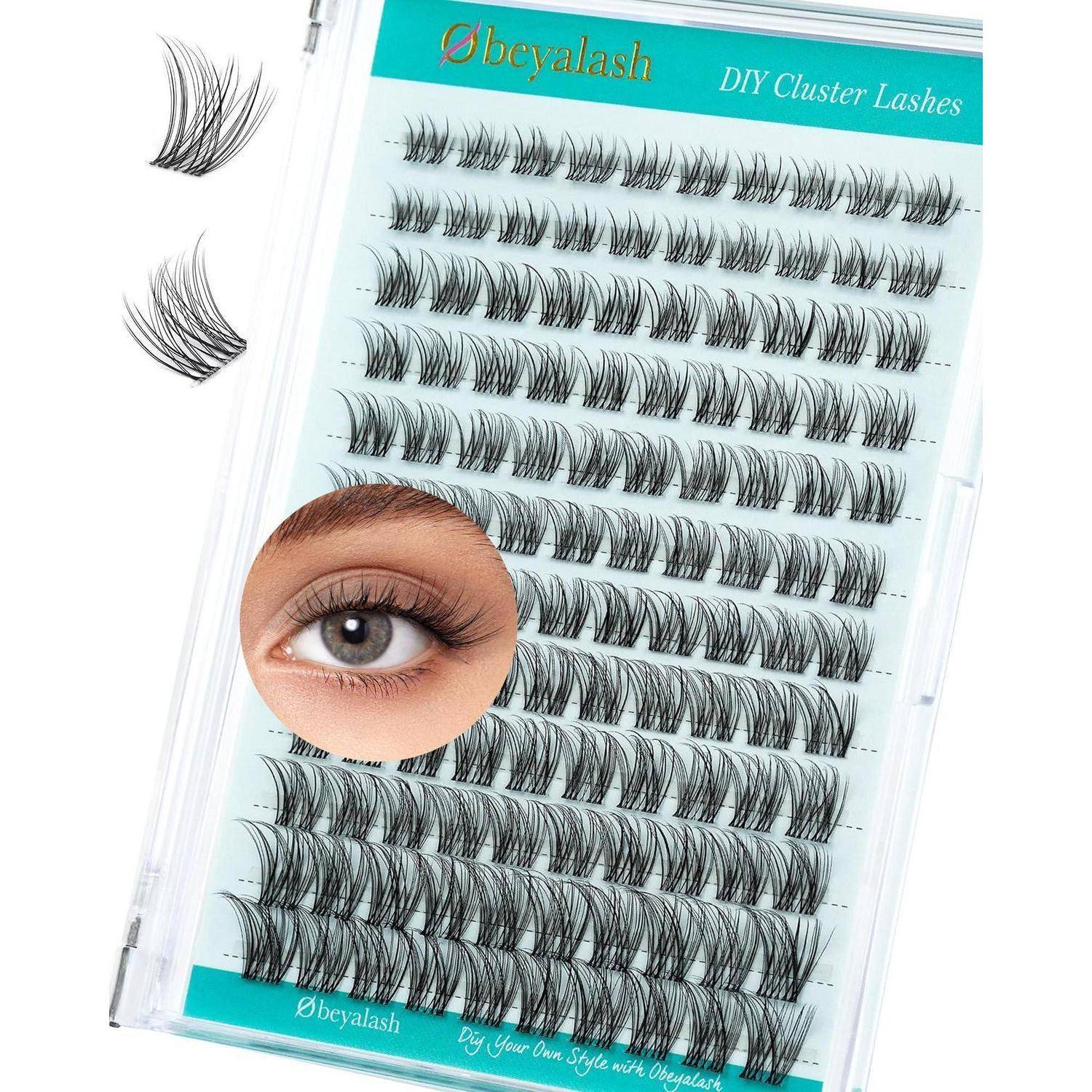 Packung von Obevalash DIY Cluster-Wimpern mit mehreren Reihen von Falschaugen und einer Nahaufnahme des Auges mit Anwendungsergebnis.