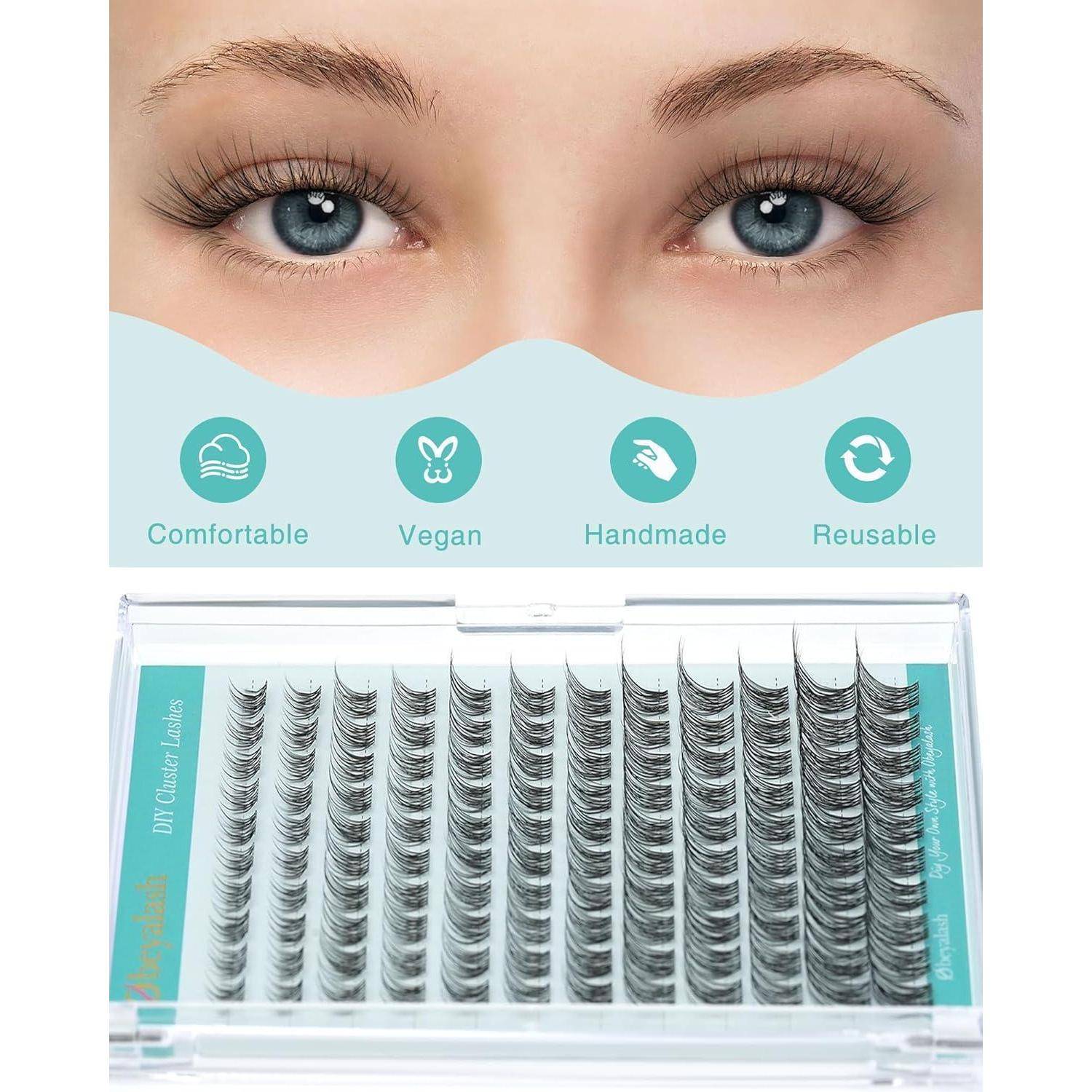Wimpernverlängerungs-Set mit einem Modell, das natürliche Wimpern über einem Tablett mit wiederverwendbaren, handgefertigten, veganen und komfortablen Wimpernstreifen zeigt.