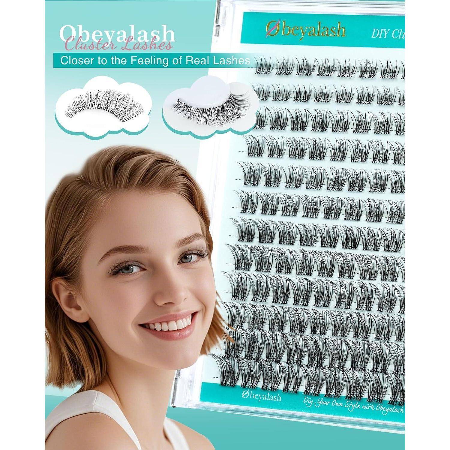 Obeyalash DIY Wimpern-Set-Paket mit einer lächelnden Frau, Wimpernstreifen und zwei Beispielen für künstliche Wimpern, die den Stil und die Wirkung des Produkts zeigen.
