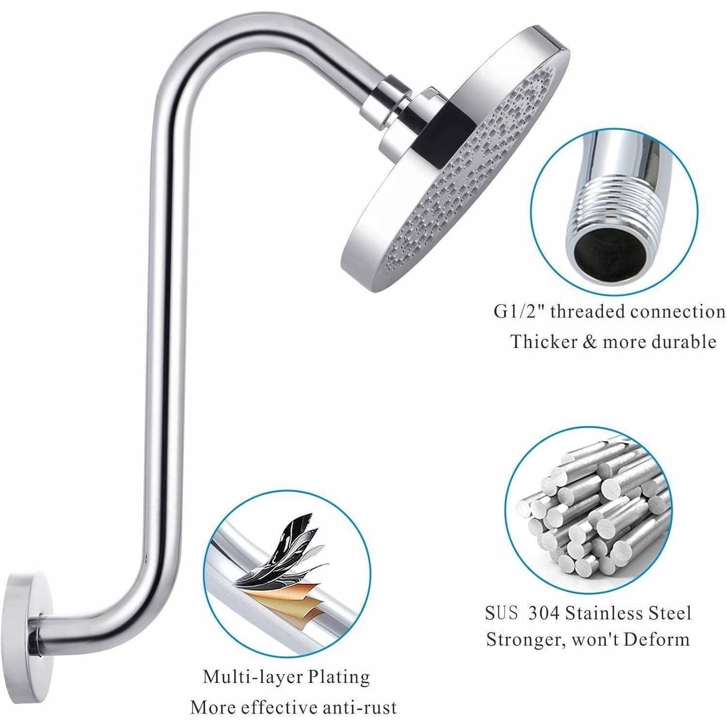 Verchromter Duschkopf mit gekrümmtem Arm und Wandhalterung, plus Nahaufnahmen mit Beschriftungen für G1/2-Gewindeverbindung, mehrschichtige Veredelung und Langzeitbeständigkeit aus Edelstahl SUS 304.