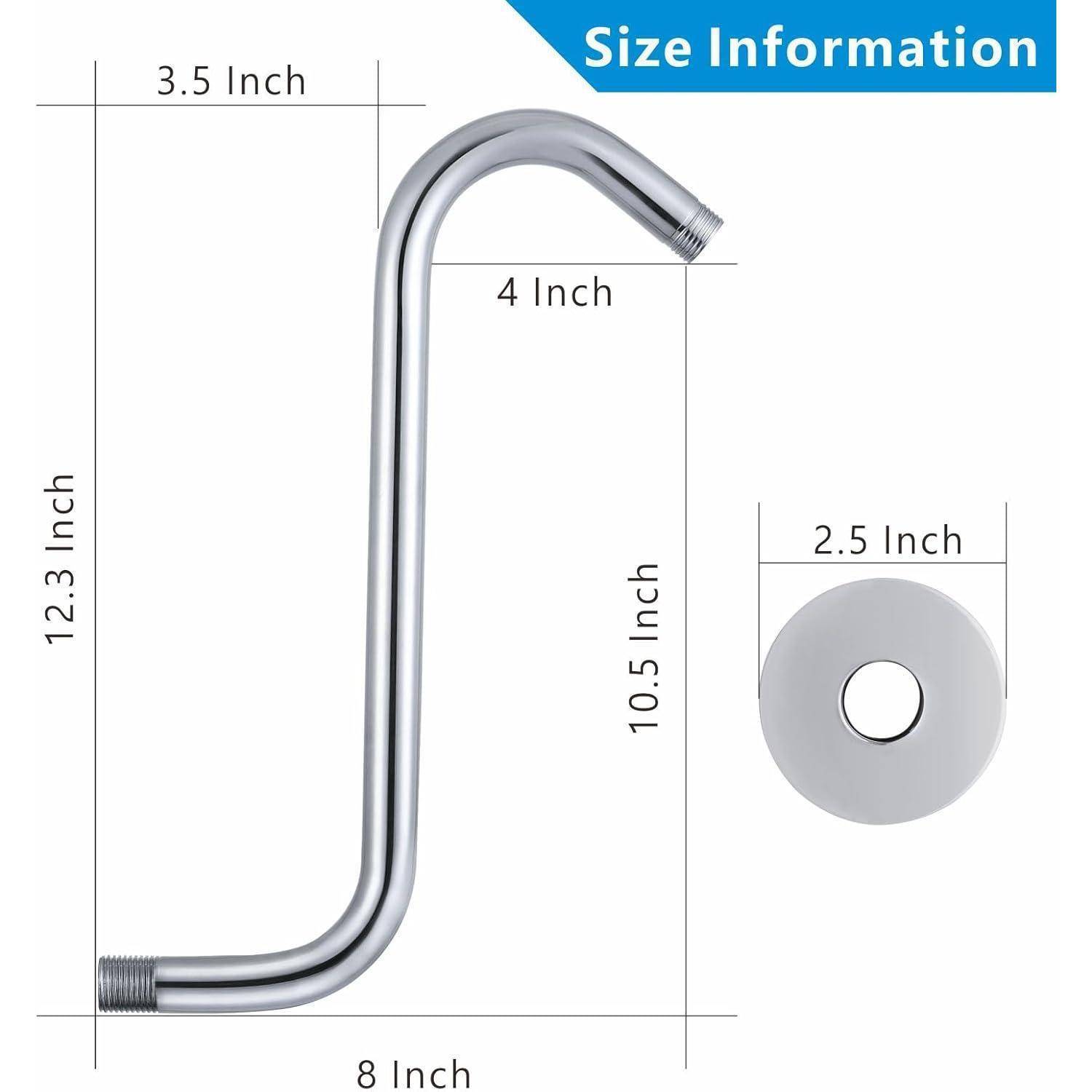 Größeninformationsdiagramm für einen Chromduscharm: 12,3 Zoll hoch, 8 Zoll breit, 10,5 Zoll vertikaler Abschnitt, 4 Zoll obere Verlängerung, 3,5 Zoll obere Breite, 2,5 Zoll rundes Rosettenschild.