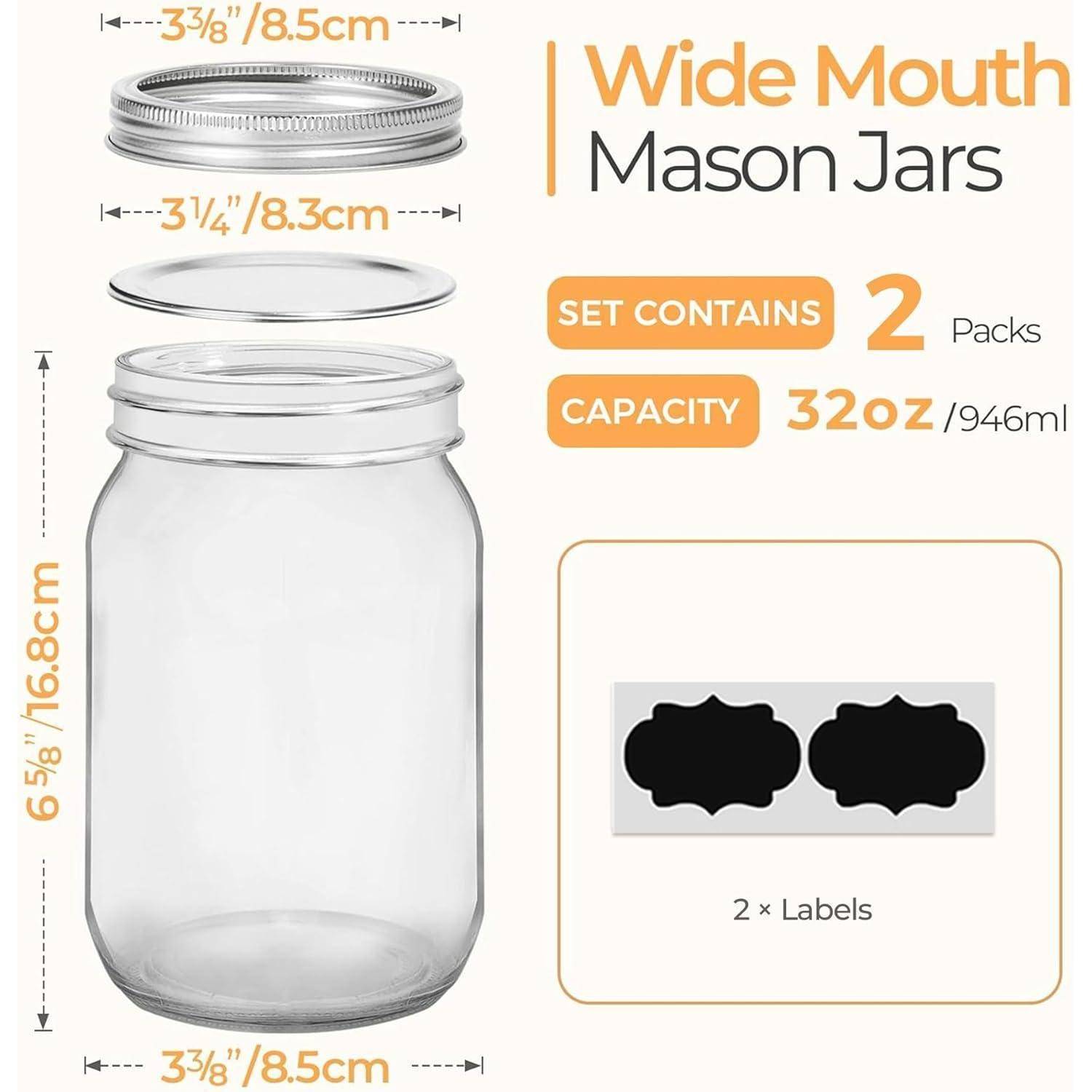 Abbildung eines Wide-Mouth-Mason-Jar-Sets mit einem 32-oz-Glas (946 ml), Deckelgröße 3 3/8 Zoll, Deckeldurchmesser 3 1/4 Zoll, Glashöhe 6 5/8 Zoll, Breite 3 3/8 Zoll; Das Set enthält 2 Packungen und 2 Etiketten.