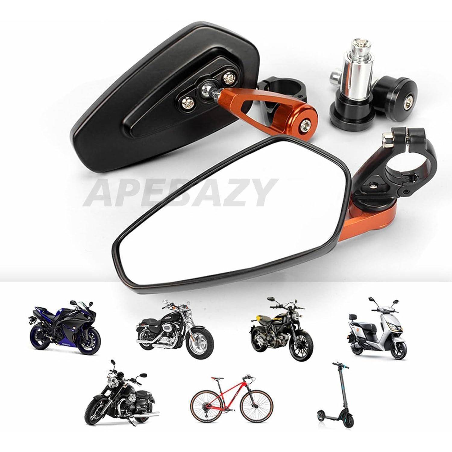 Motorrad- und Fahrzeugspiegelset mit Montageklammern, dargestellt mit Beispielanwendungen auf einem Sportbike, Chopper, Standardbike, Motorroller, Fahrrad und Tretroller.