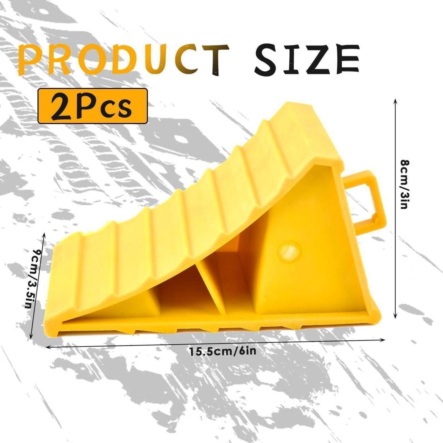 Produktgröße-Grafik für 2 gelbe Radkeile, die Abmessungen von 15,5 cm Länge, 9 cm Höhe und 8 cm Breite zeigt.