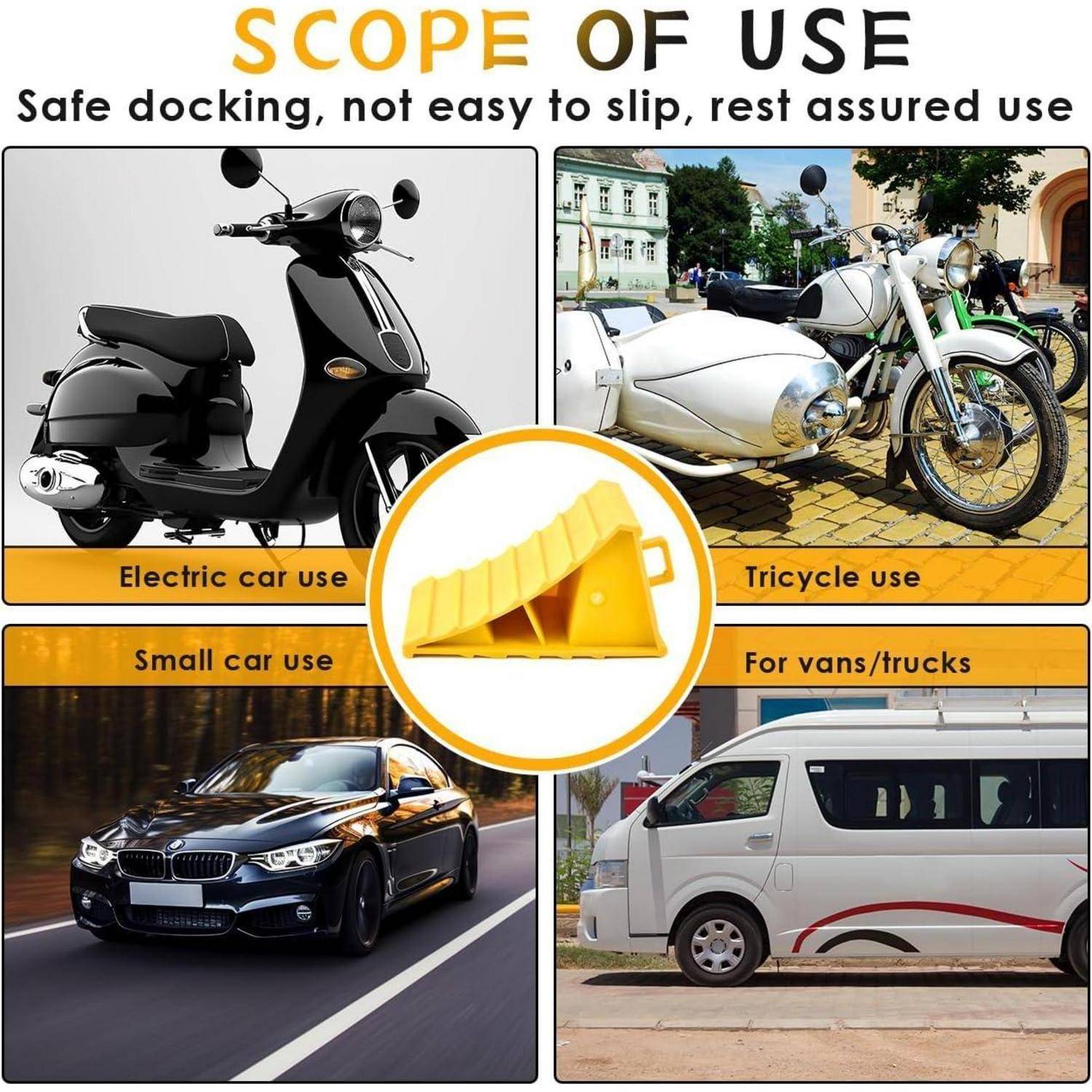 Infografik zeigt die sichere Verwendung eines gelben Radkeils zum Andocken von Fahrzeugen: Elektroroller, Dreirad, Kleinwagen und Lieferwagen/Lastkraftwagen.
