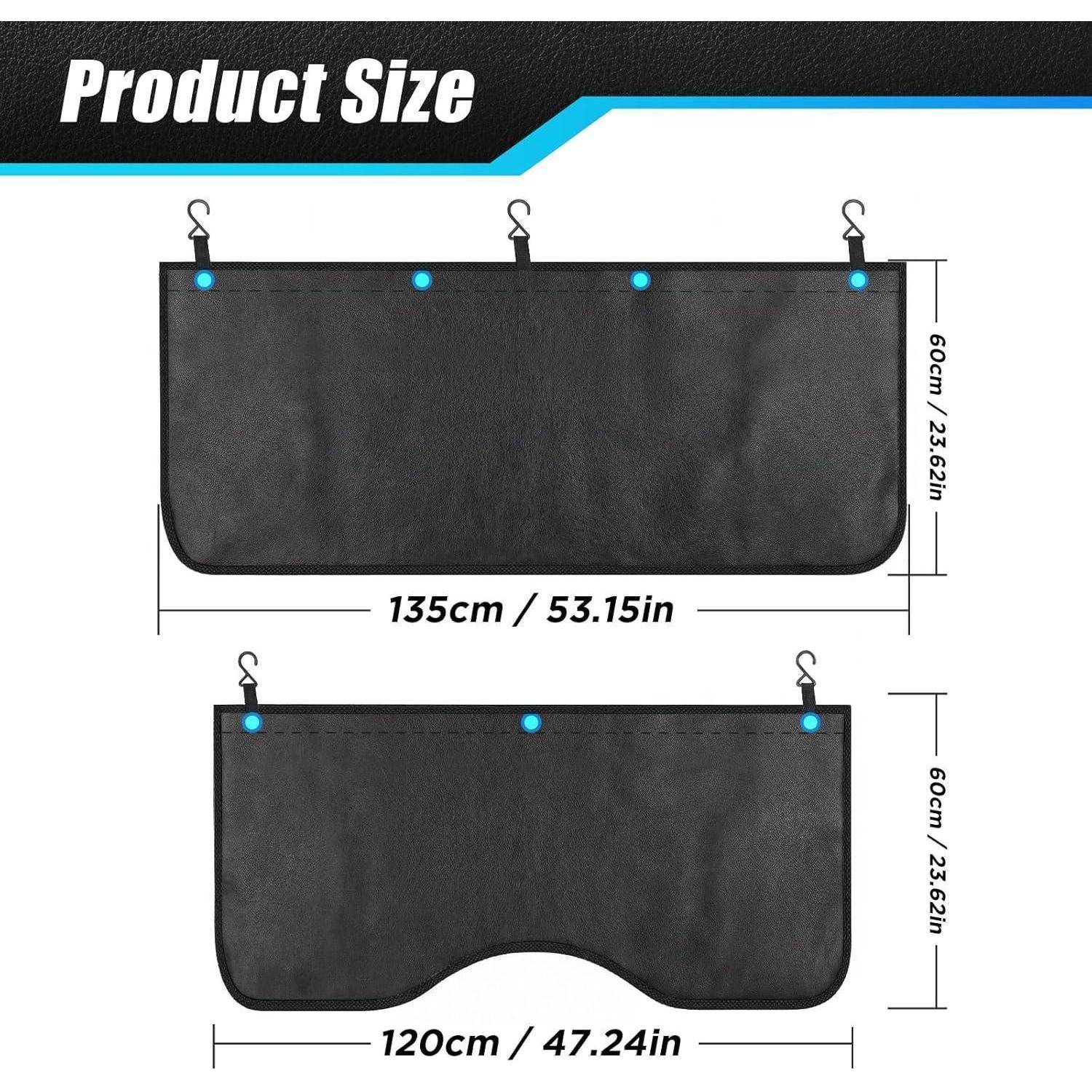 Produktgrößendiagramm mit zwei schwarzen Hängeorganizer-Taschen: eine 135 x 60 cm und eine 120 x 60 cm, jeweils mit Aufhängeschlaufen.