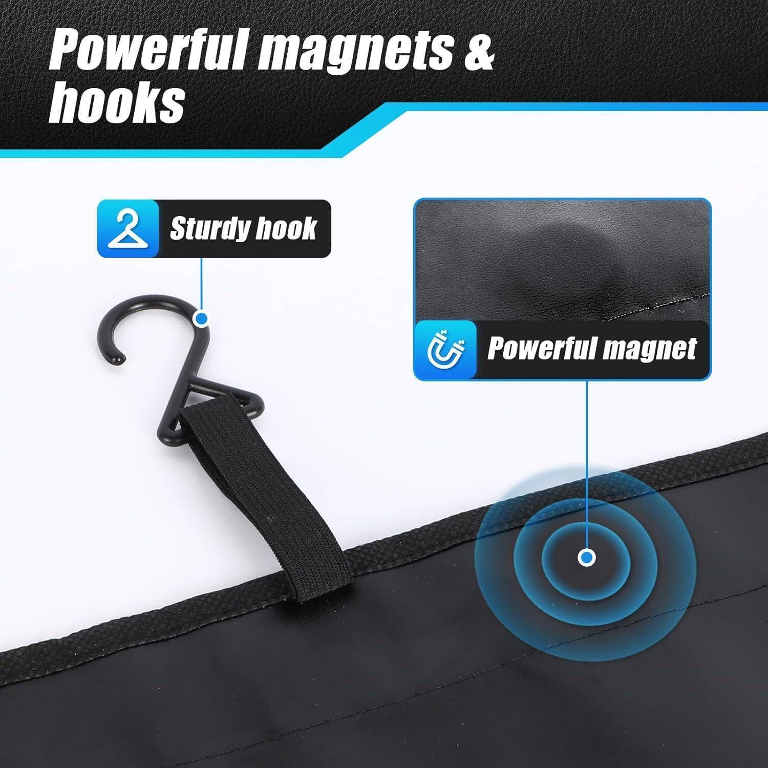 Produktbild, das einen Taschengurt mit einem robusten Haken und einem starken Magneten zeigt, beschriftet mit „Starke Magnete & Haken