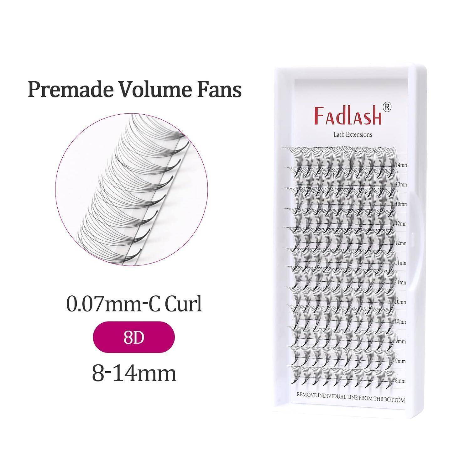 Werbebild von FadLash Wimpernverlängerungen: Vorgefertigte Volume Fans, 0,07mm C-Kurve, 8D, 8-14mm, gezeigt auf einem Produkttablett mit Nahaufnahme des Muster-Fans.