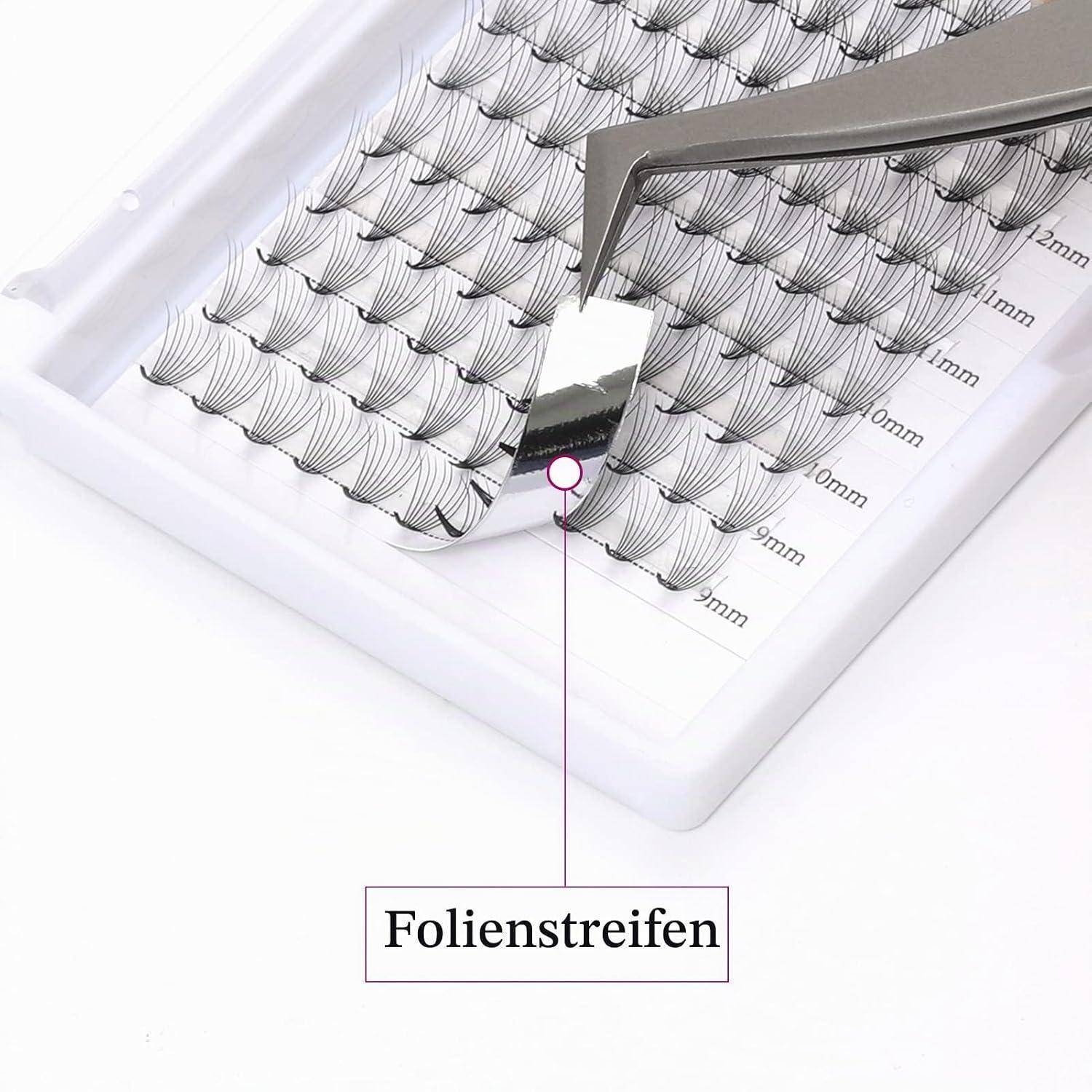 Blatt mit Wimpernverlängerungsstreifen mit der Bezeichnung „Folienstreifen