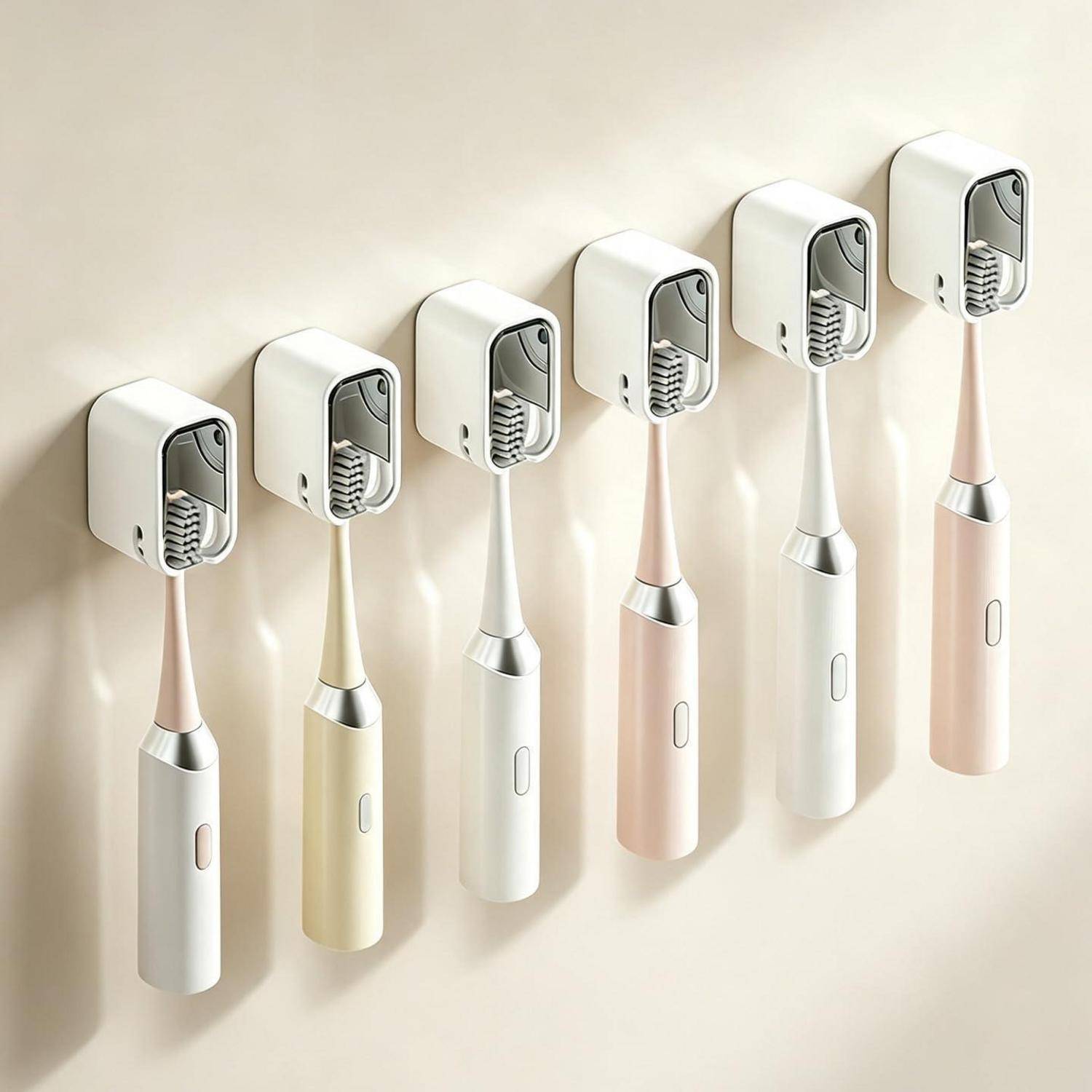 Sechs elegante elektrische Zahnbürsten in Pastellfarben sind an einer Wand montiert, jede ist in einer passenden Ladestation angebracht.
