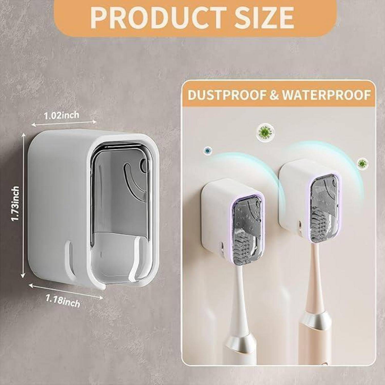 Produktgröße und wasserdichter Zahnbürstenhalter mit den Abmessungen 1,73 x 1,02 x 1,18 Zoll, plus staubdicht und wasserdicht für die Verwendung mit Zahnbürsten.