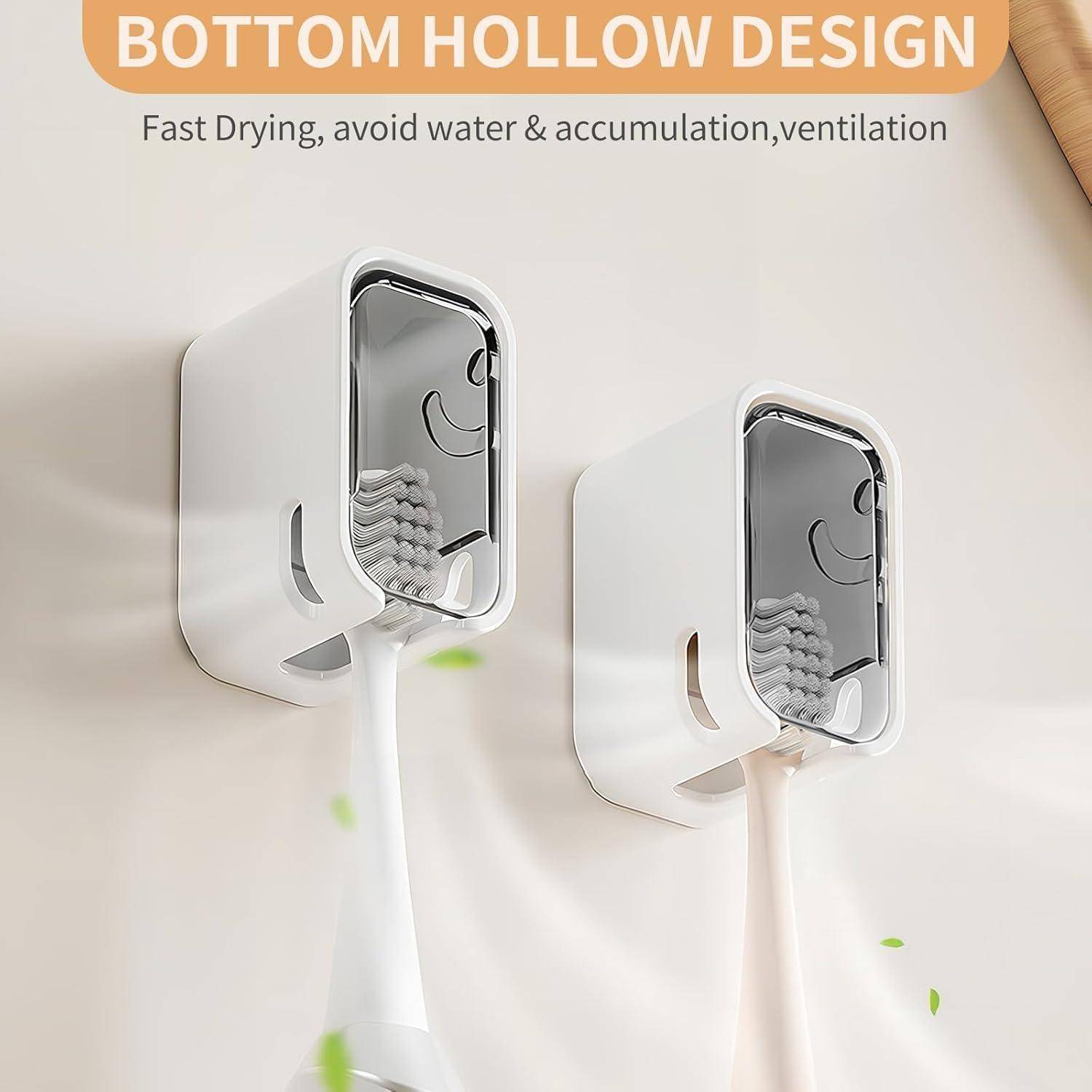 Zwei wandmontierte Zahnbürstenhalter mit transparenten Abdeckungen und hohlem Bodenloch, beschriftet mit „BOTTOM HOLLOW DESIGN