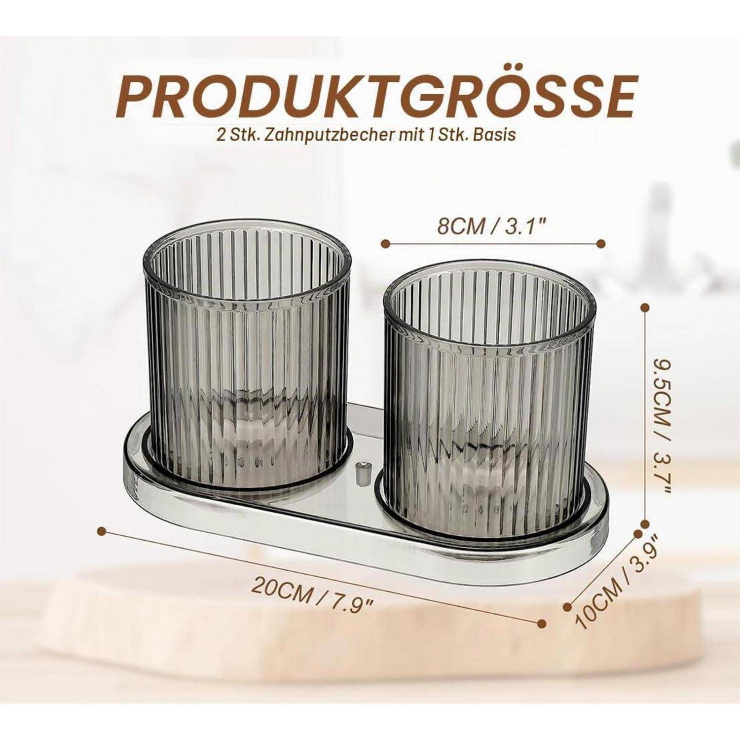 Produktgrößengrafik eines Zahnbürstenhalter-Sets: 2 Tassen mit 1 Sockel; die Tassen sind 8 cm hoch und der Sockel ist 20 x 10 cm.