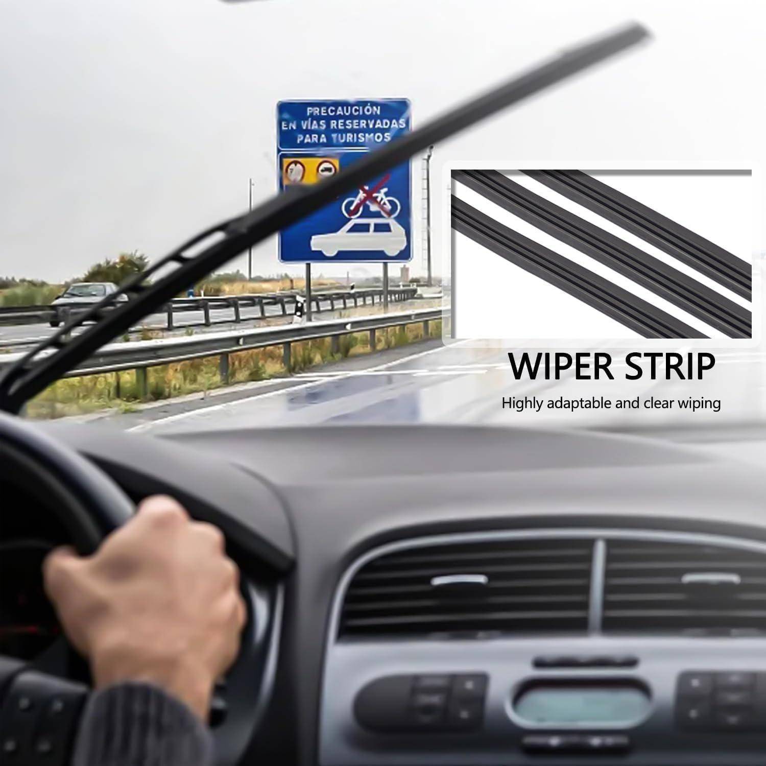 Fahrer durch die Windschutzscheibe sichtbar, der einen Windschutzscheibenwischer benutzt; die Vergrößerung zeigt „WISCHERGUMMI