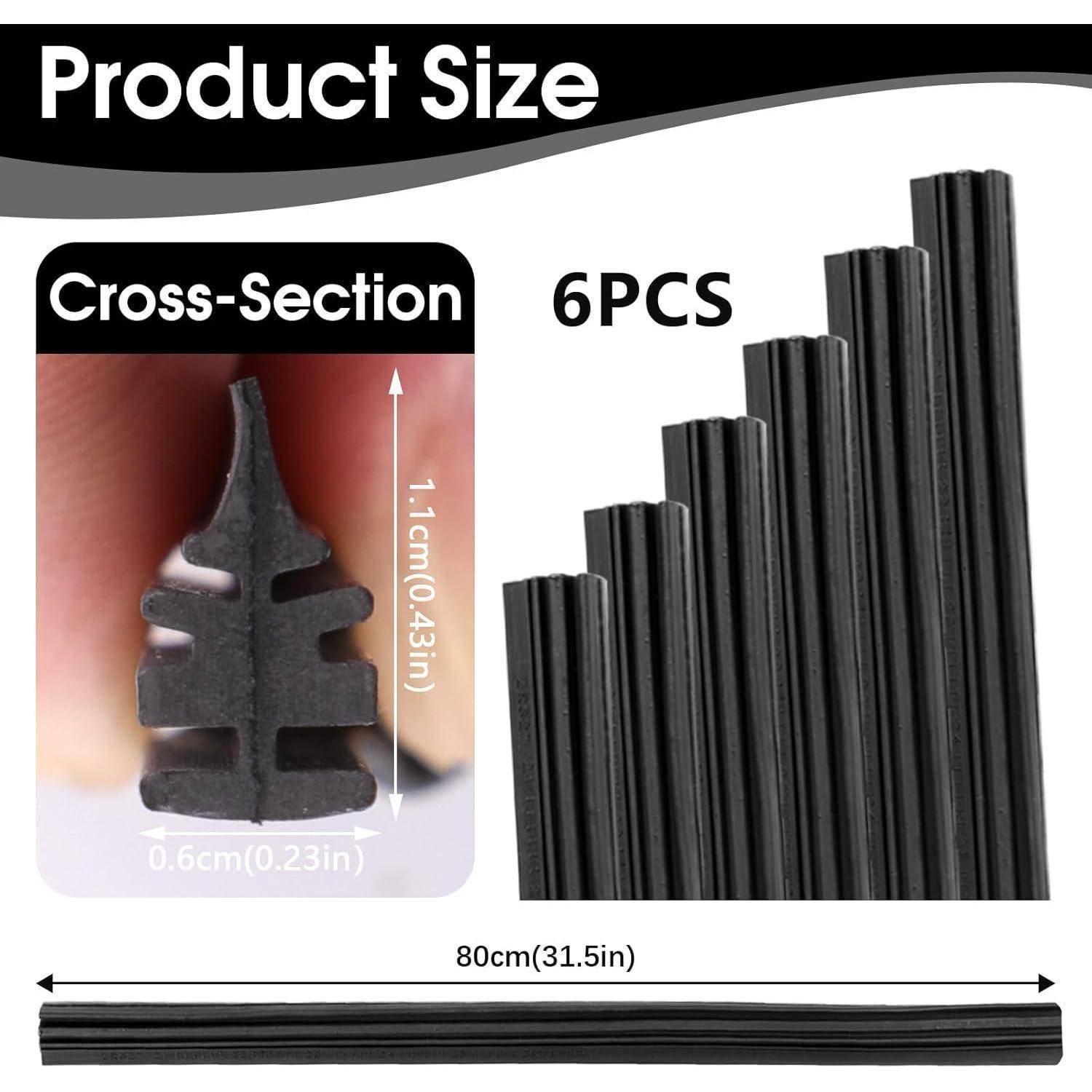 Produktgrößen-Grafik mit 6 schwarzen Gummistreifen, 80 cm lang; der Querschnitt misst 1,1 cm Höhe und 0,6 cm Breite.