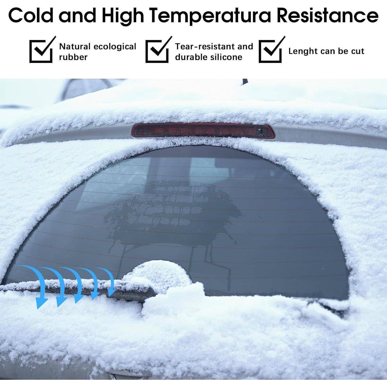 Schneebedecktes Heckfenster eines Autos mit Scheibenwischer, der als wetterbeständig dargestellt wird; Text liest sich als „Kälte- und Hochtemperaturbeständigkeit