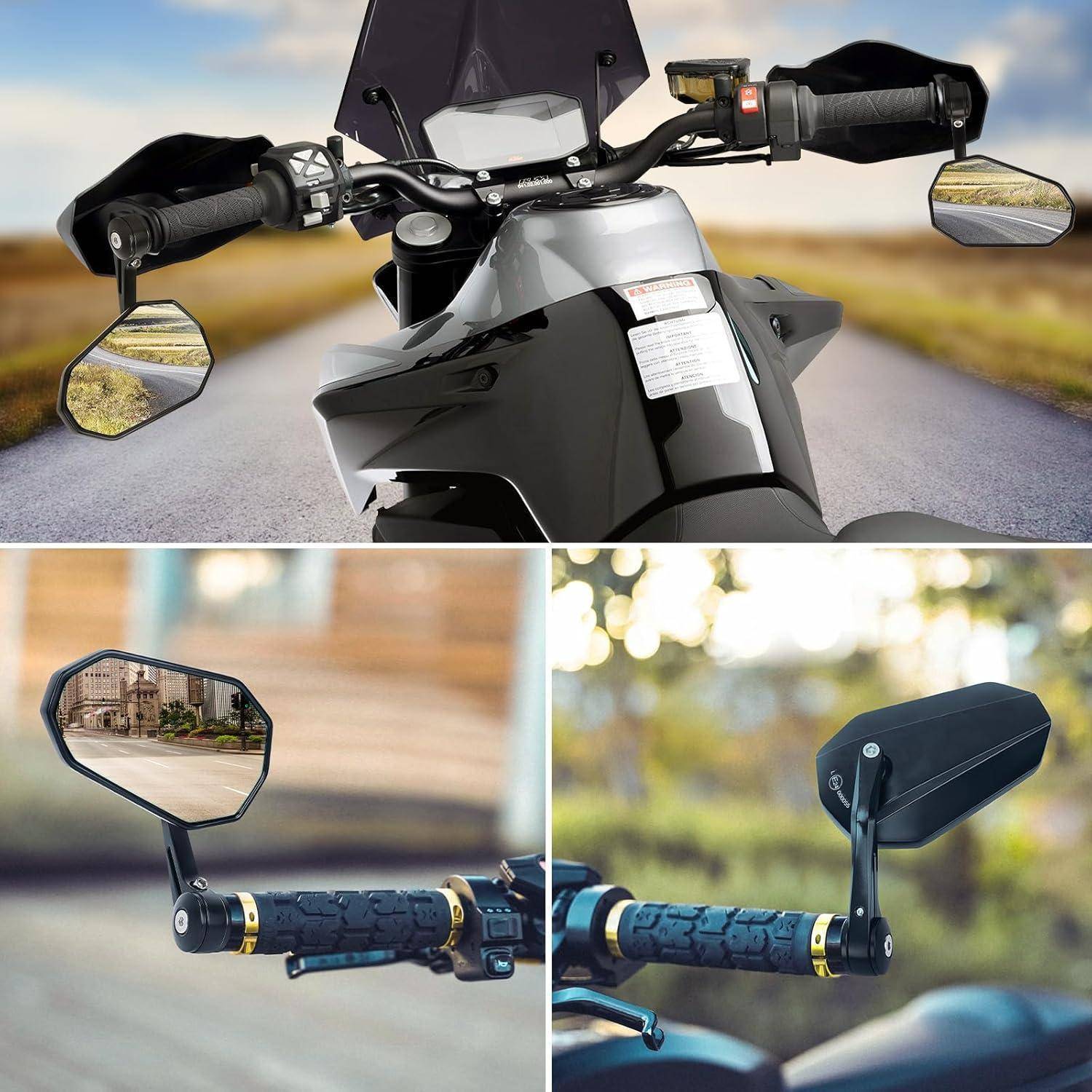 Collage von Motorrad-Spiegeln an der Lenkstange, einschließlich einer Frontansicht auf einem Motorrad und Nahaufnahmen der linken und rechten Spiegel, die die Rückwärtssichtbarkeit zeigen.