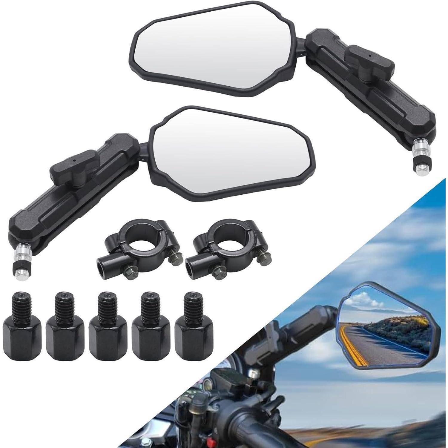 Motorrad-Spiegelset mit zwei rechteckigen Spiegeln, zwei Lenkerklemmmen, fünf Bolzen und ein Beispiel der auf einem Motorrad montierten Spiegel.