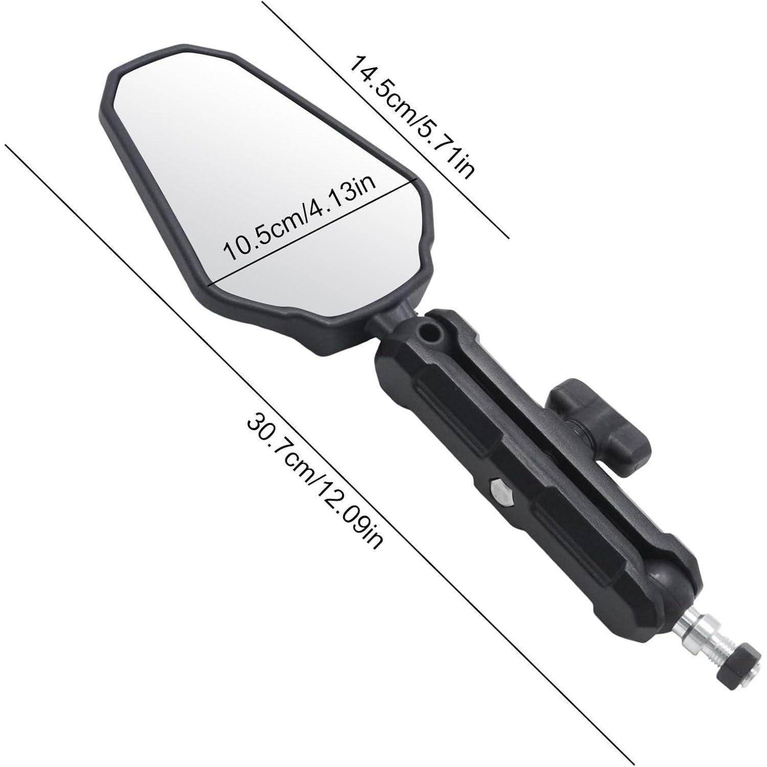 Schwarzer Motorrad-Seitenspiegel mit beschrifteten Abmessungen: 30,7 cm Länge, 14,5 cm Breite und 10,5 cm Spiegelbreite.
