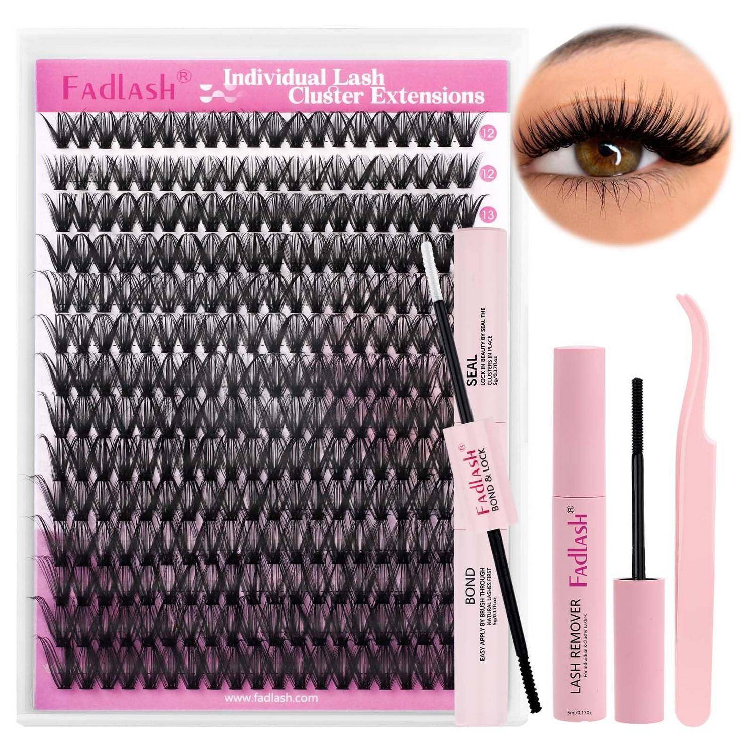 Fadlash Einzelwimpern-Cluster-Extensions-Set mit Wimpernentferner, Bond, Versiegelung, Applikatorpinsel und rosa Pinzette; mit Nahaufnahme des Auges mit langen Wimpern.