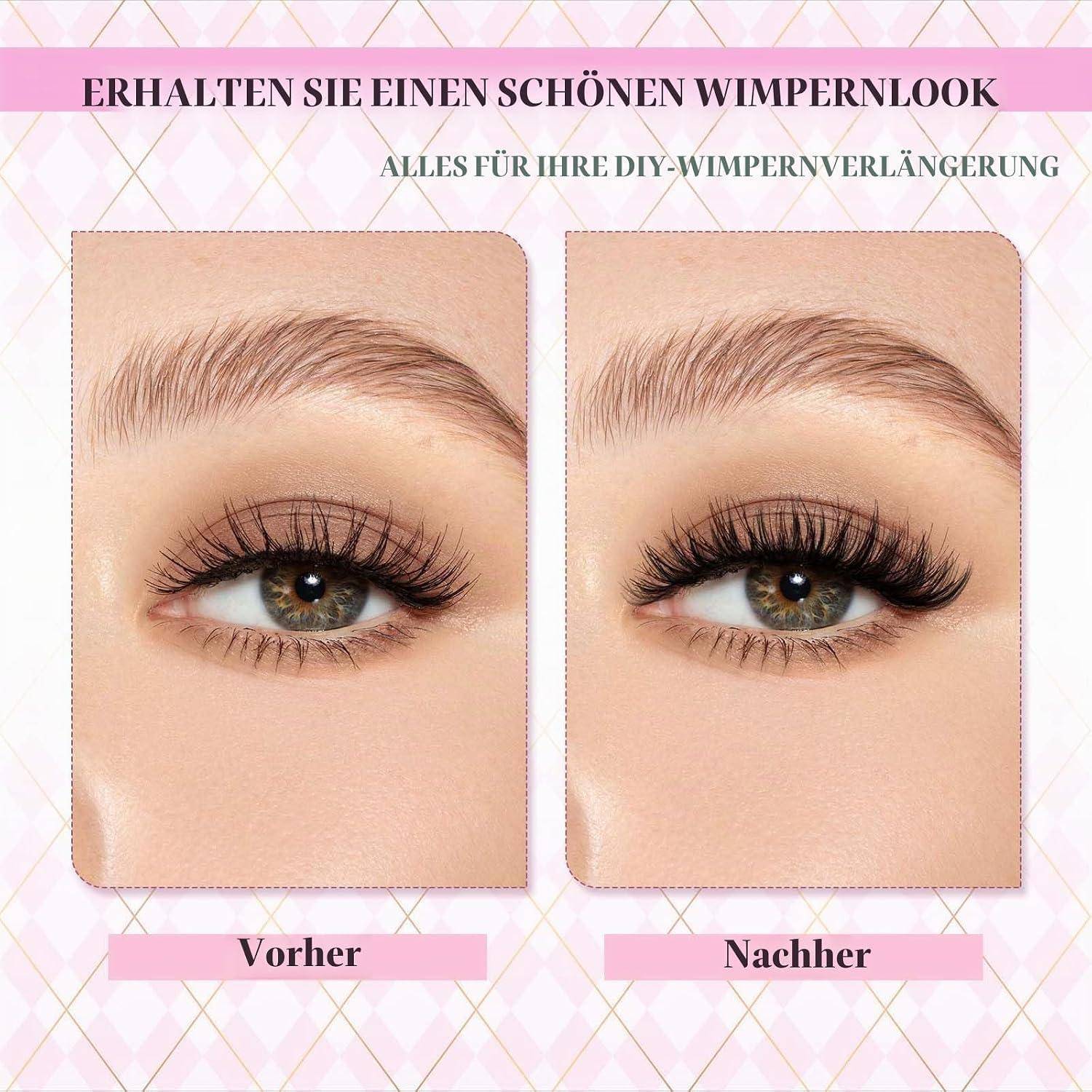 Vorher-und-Nachher-Vergleich eines Auges mit Wimpernverlängerungen, mit den Beschriftungen „Vorher