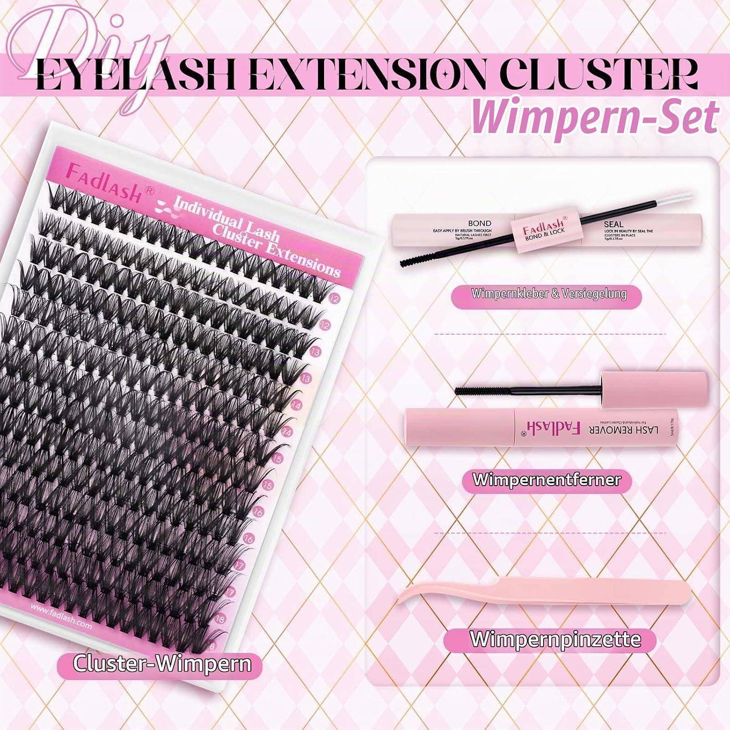 Eyelash-Erweiterungs-Cluster-Set in Rosa mit einem Tablett mit Wimpern-Clustern, Wimpernkleber und Versiegelung, Entferner und Pinzetten mit deutschen Beschriftungen.