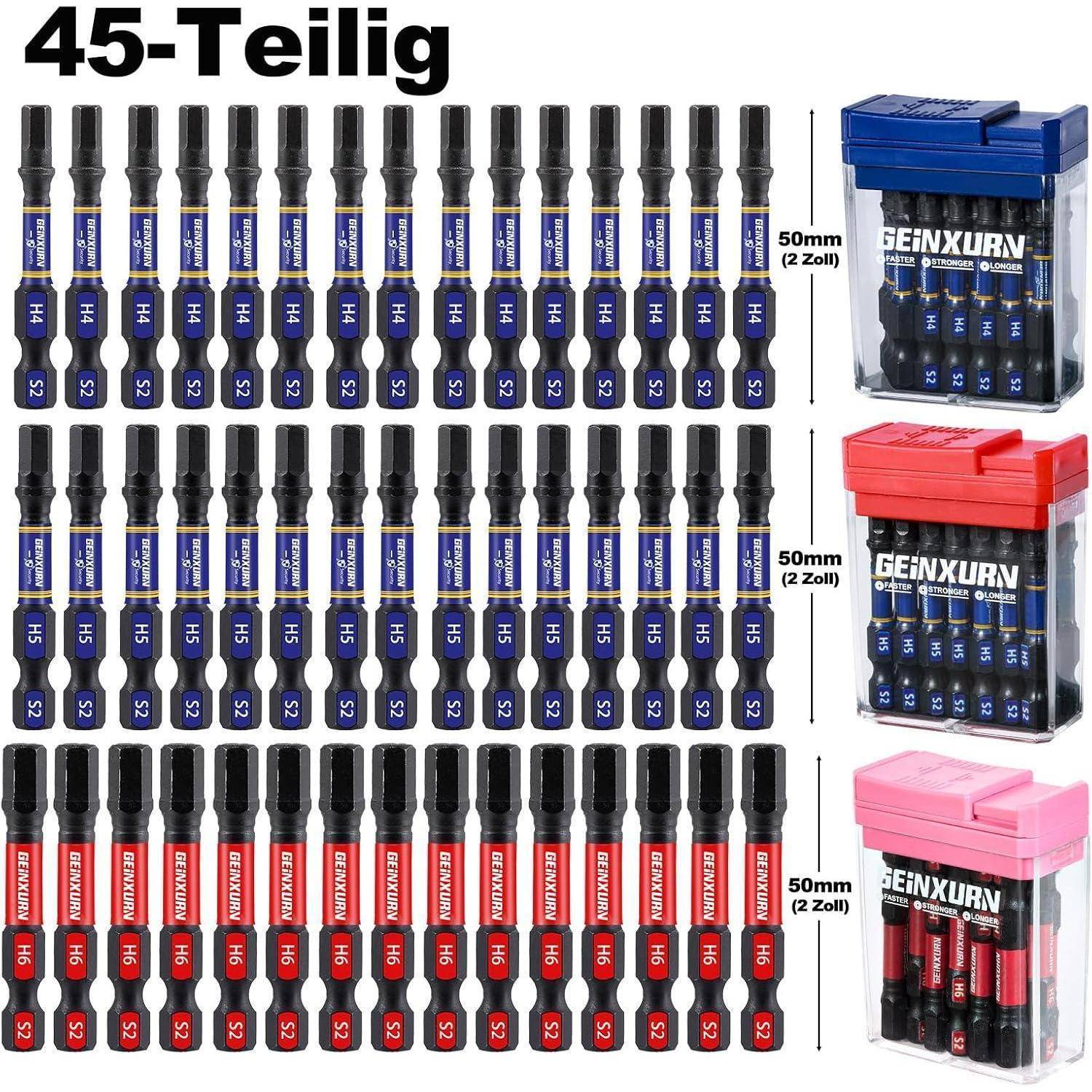 45-teiliges Schraubendreher-Bitsatz mit 3 Reihen von Bits in blauen, roten und rosa Etuis, gekennzeichnet mit 50mm (2 Zoll) und Geinxurn.