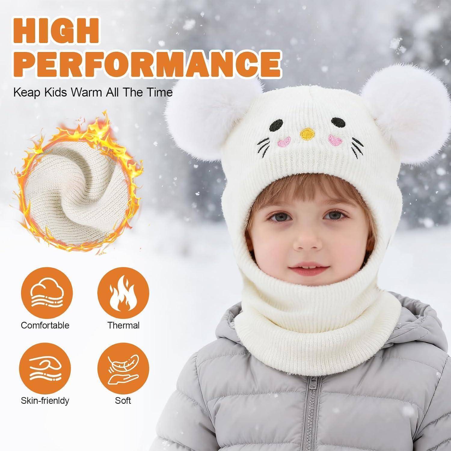 Wintermütze und Halswärmer-Set für Kinder, gezeigt an einem Kind im Schnee; Text liest „HOCHLEISTUNG