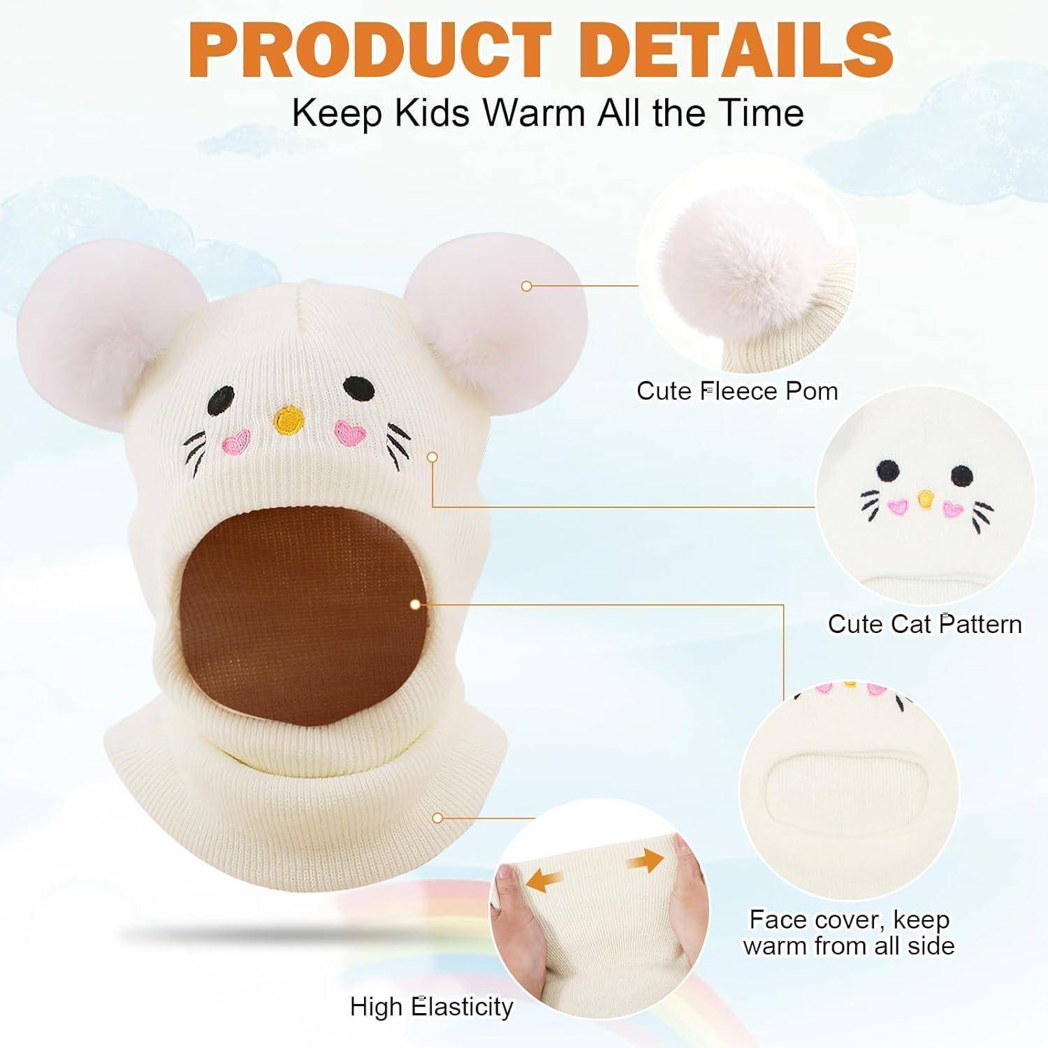 Produktdetailbild einer Kinder-Wintergesichtsmaske mit Katzengesichidesign, Fleece-Bommelohren, hoher Elastizität und allseitiger Wärmung.