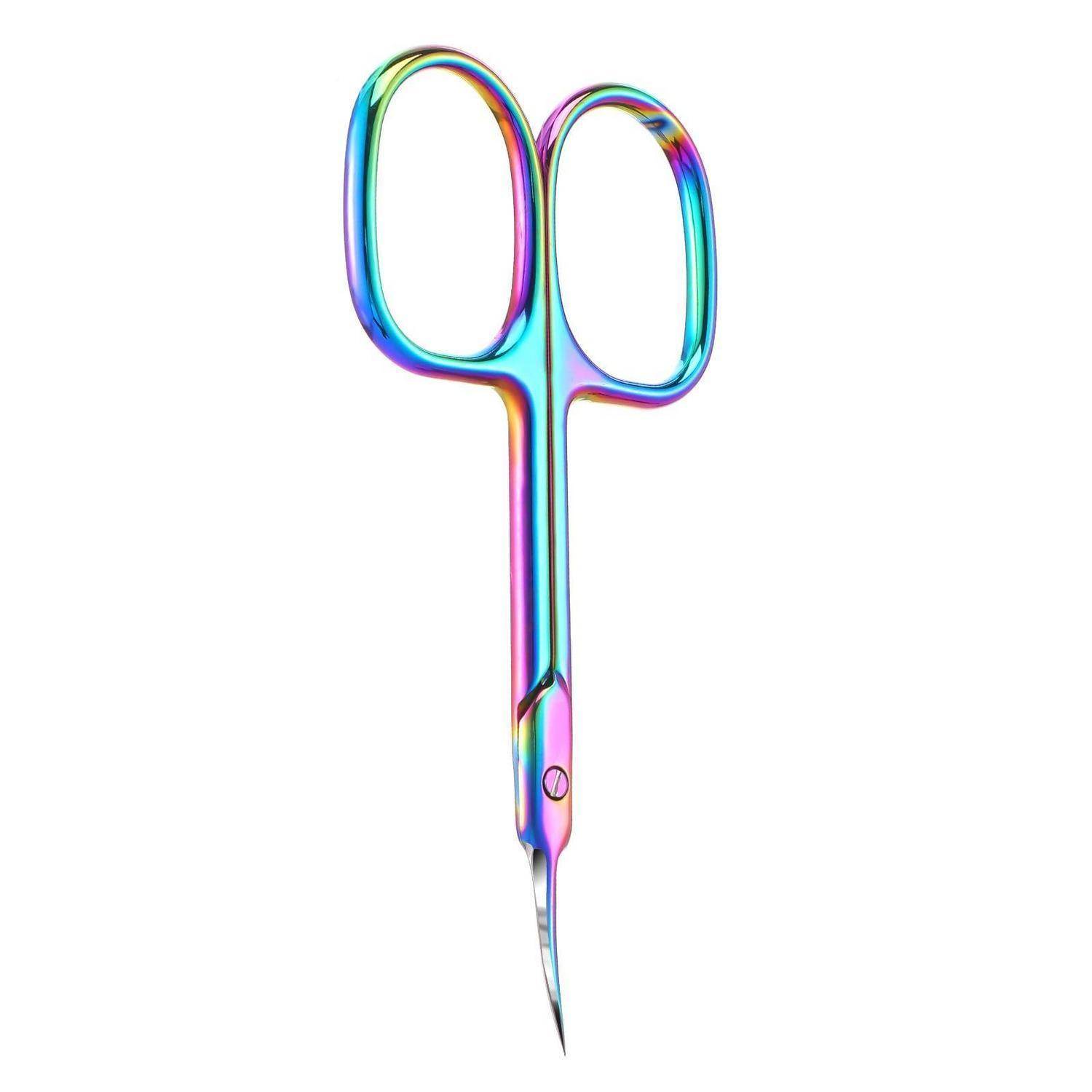 Regenbogenfarbige Stickschere mit spitzen Klingen auf weißem Hintergrund.