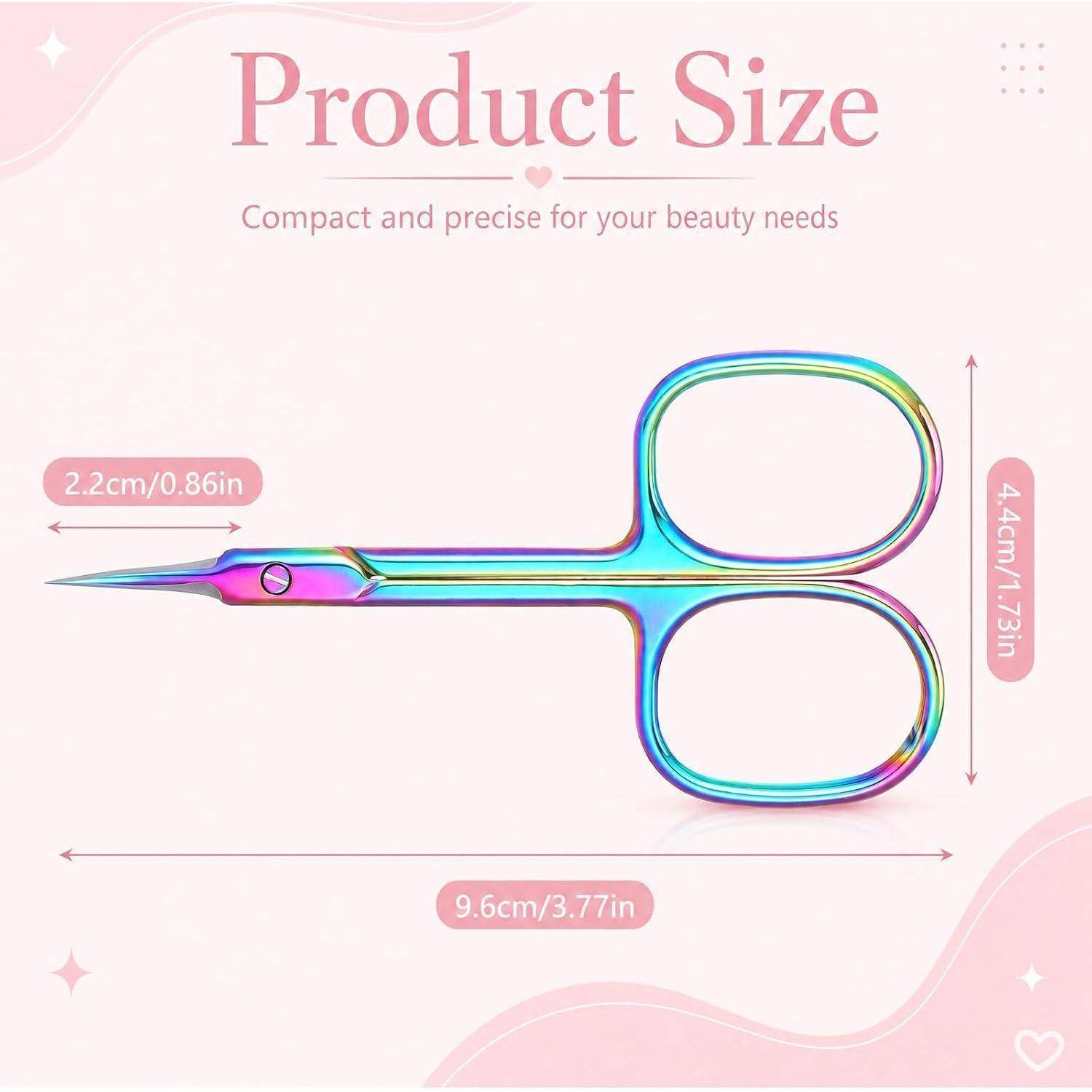 Produktgrößendiagramm von regenbogenfarbigen Beauty-Scheren, das eine Länge von 9,6 cm, eine Höhe von 4,4 cm und eine Klingenbreite von 2,2 cm zeigt.