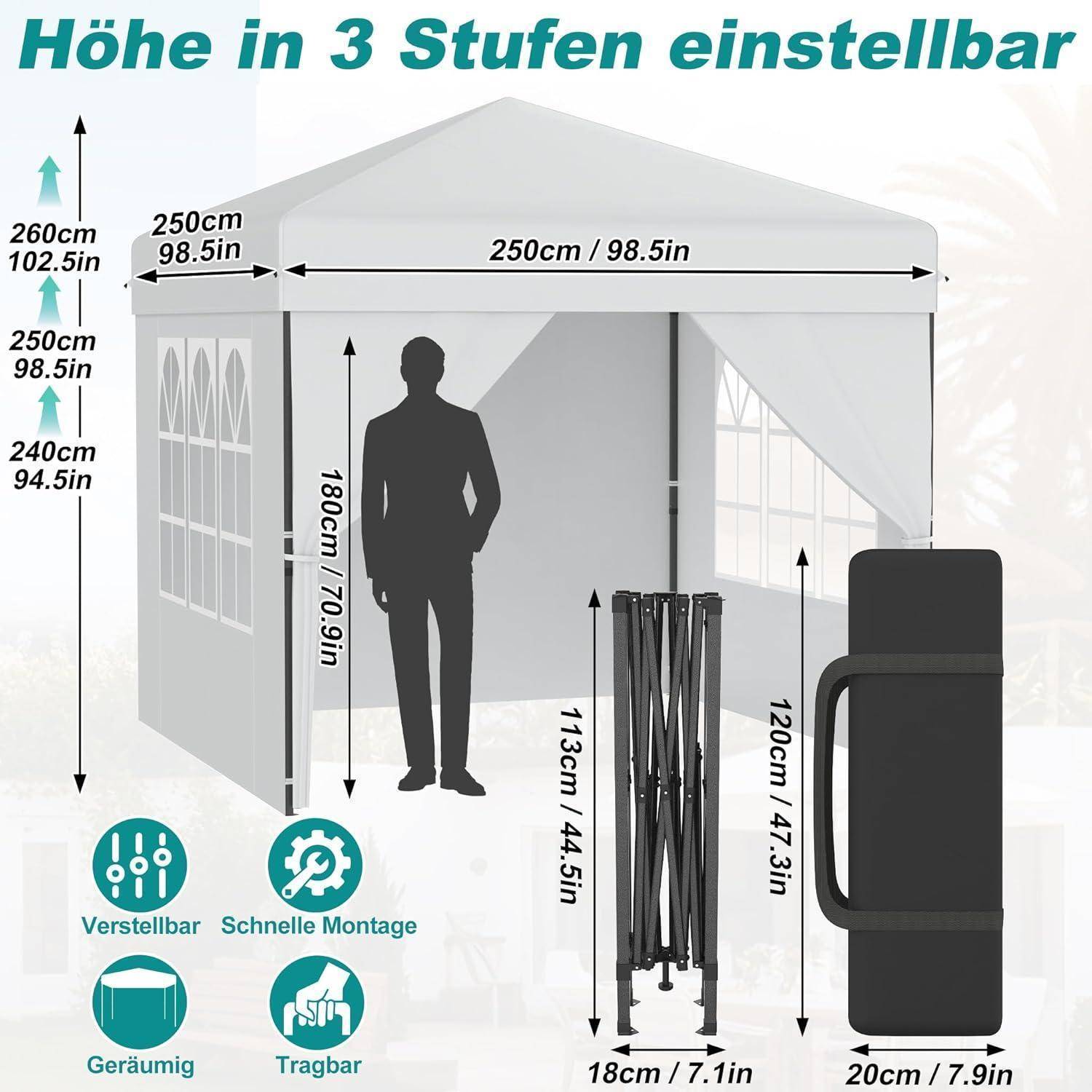 Diagramm eines Pop-up-Pavillon-Zelts mit verstellbarer Höhe in 3 Schritten, 250 cm Breite, 240-260 cm Höhe, 180 cm Eintrittshöhe und Packgröße mit klappendem Rahmen und Tragetasche.