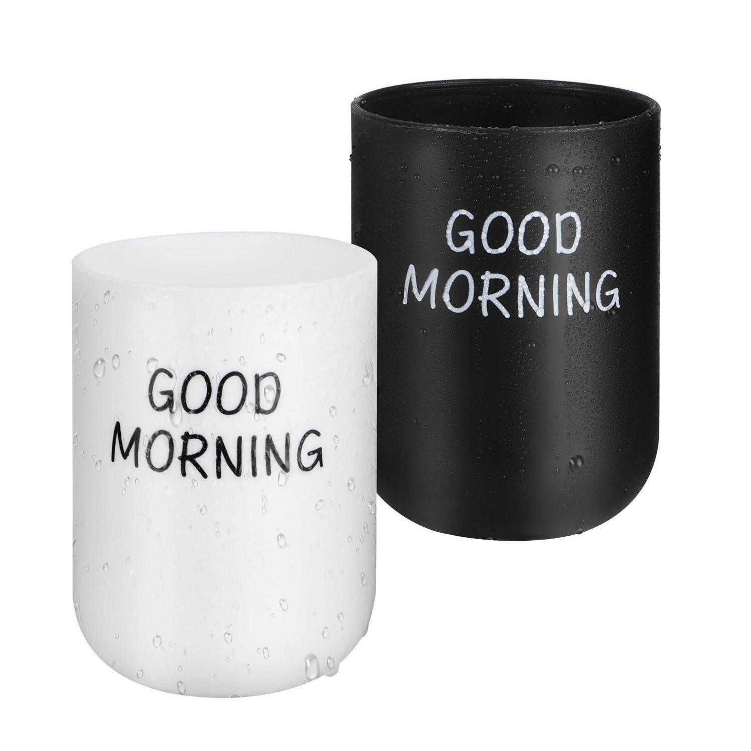 Zwei zylindrische Behälter, einer weiß und einer schwarz, jeweils mit dem handschriftlich stilisierten Text „GOOD MORNING