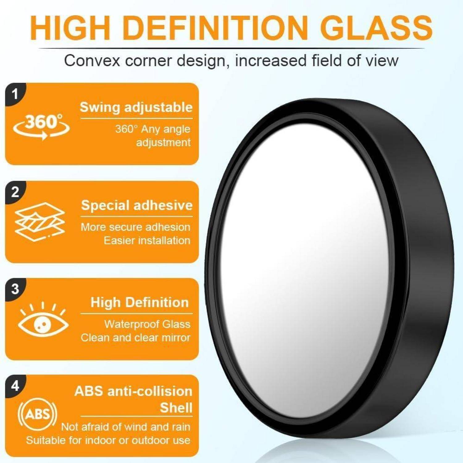 Produktgrafik eines runden konvexen Spiegels mit der Bezeichnung „High Definition Glass