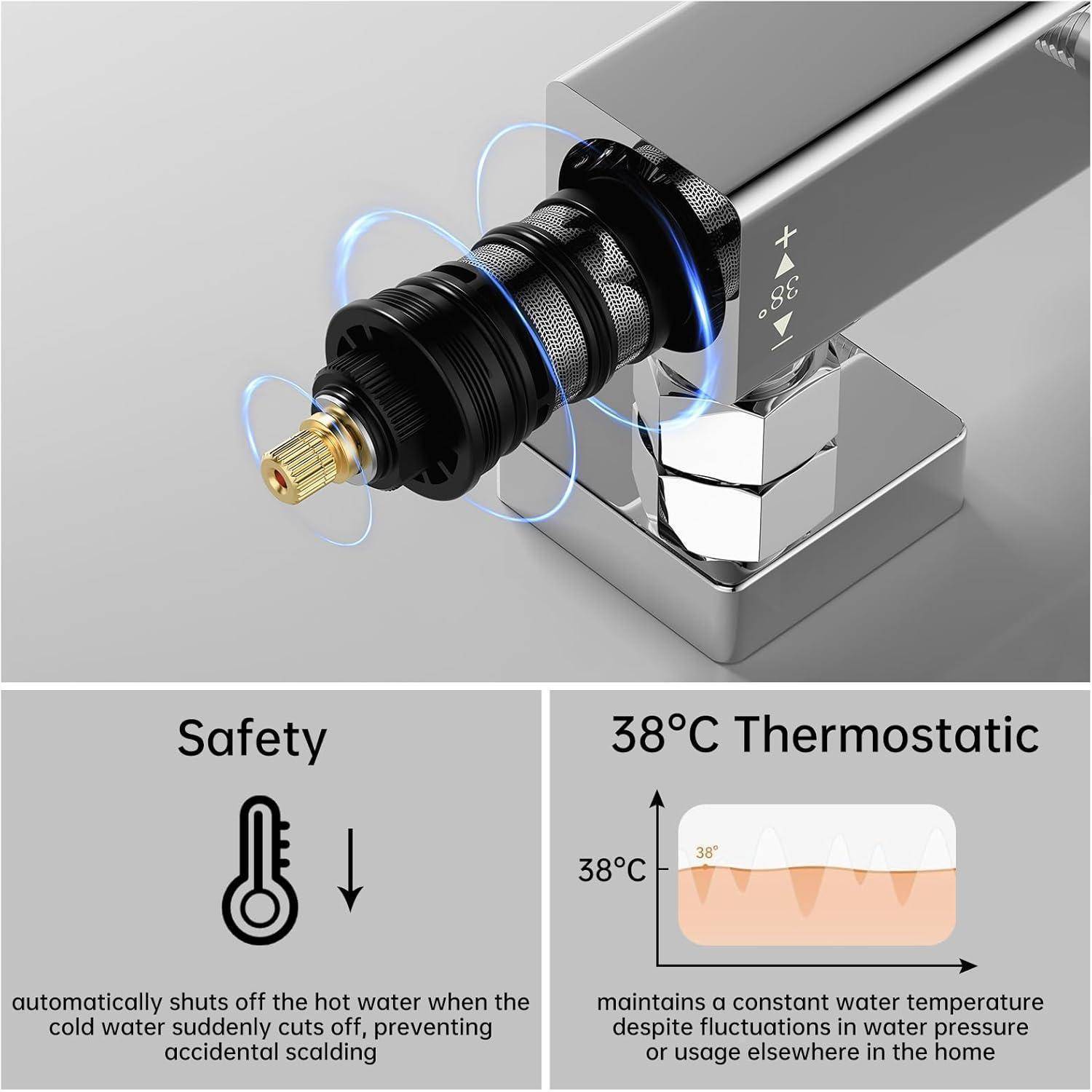 Thermostates Duschventil mit Sicherheitsabschaltung und "38°C Thermostatisch""-Funktion, das konstante Wassertemperaturregelung und Heißwasser-Abschaltschutz bietet.