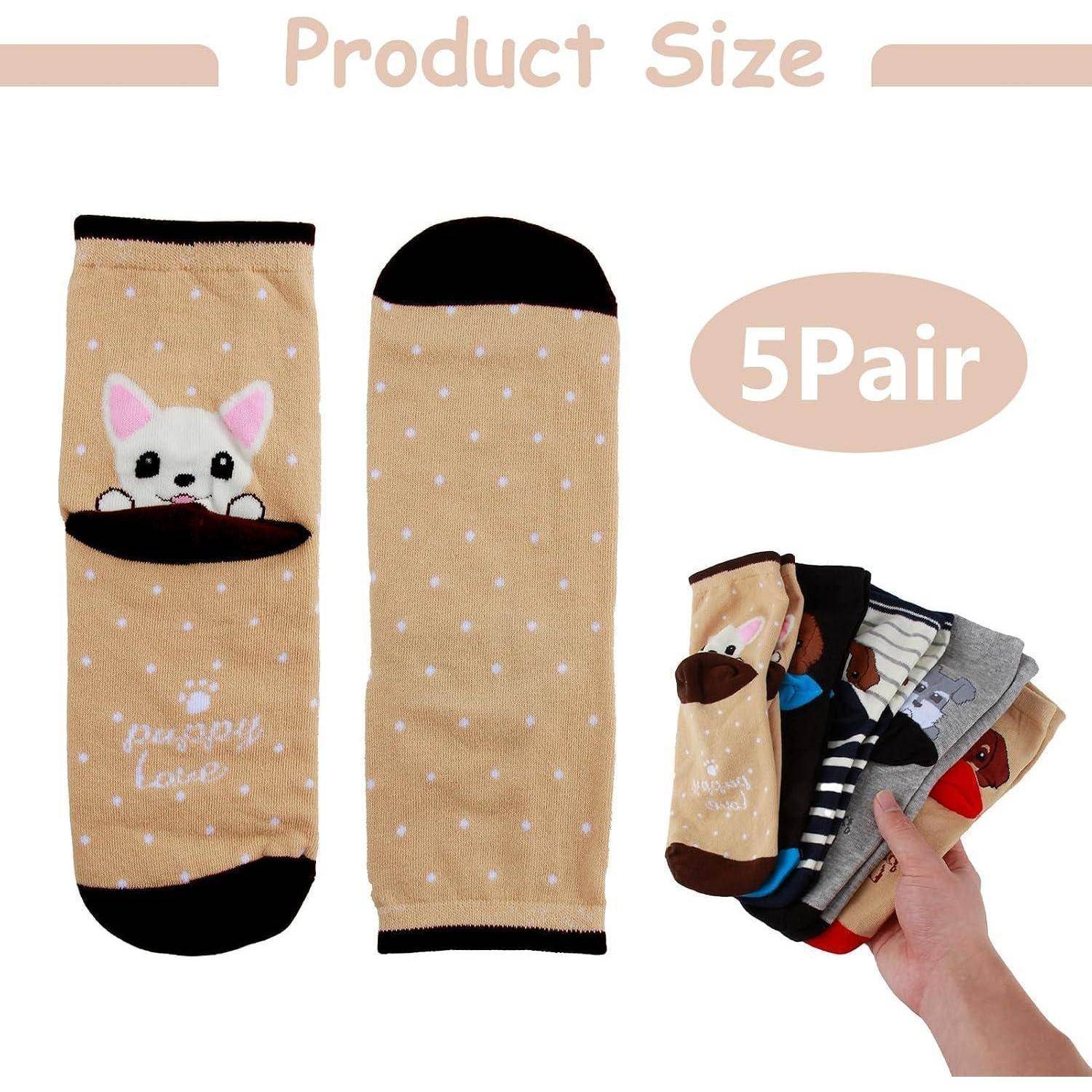 Produktgrößenbild zeigt ein Paar beige Socken mit Polka-Dot-Muster und niedlichem Tier-Gesichtsdesign, beschriftet mit „5Pair