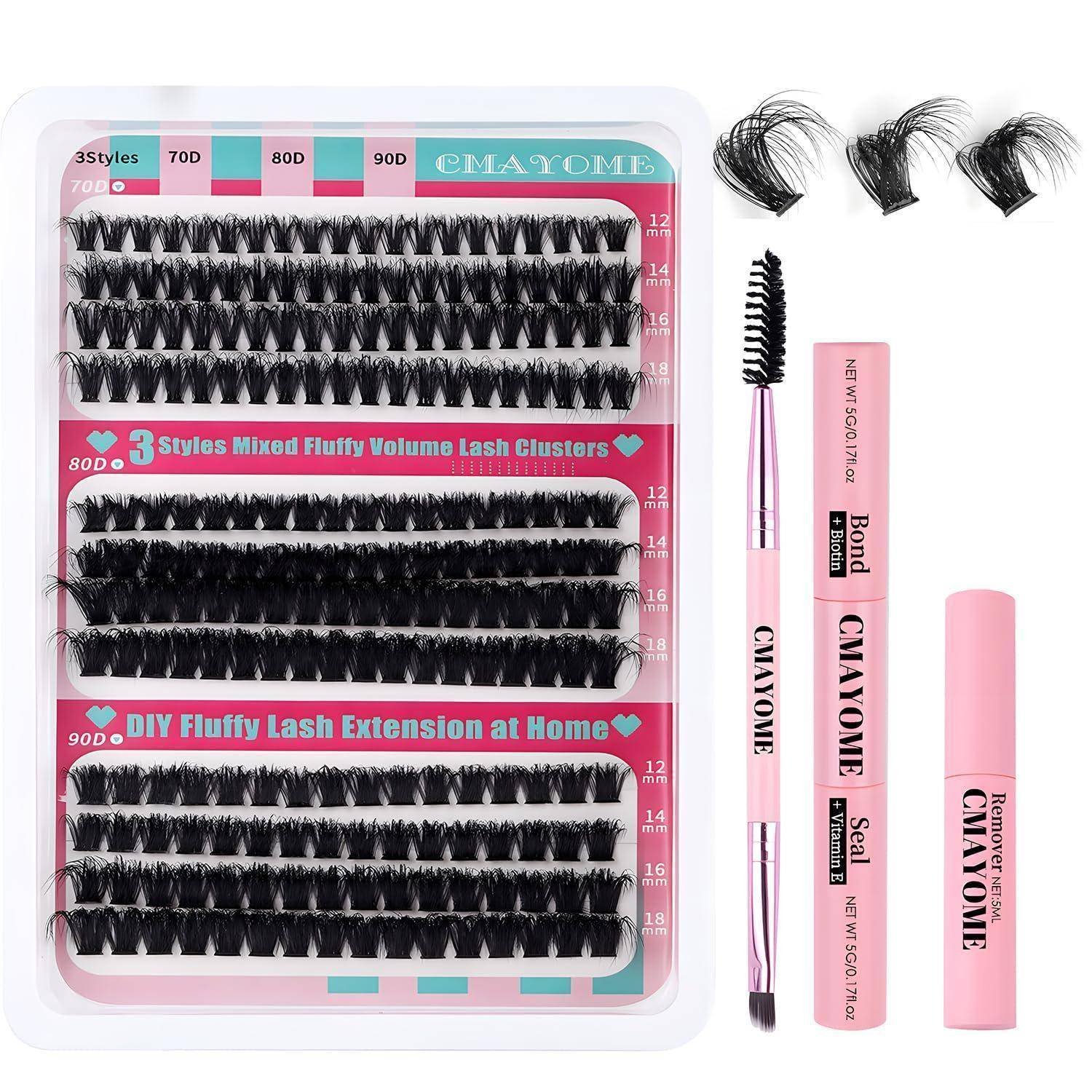 Produktanzeige von Ciamoye DIY flauschigen Wimperntrauben mit drei Stilen, einem Mascara-ähnlichen Applikator und rosa Verpackung für Wimpernverlängerungen zu Hause.
